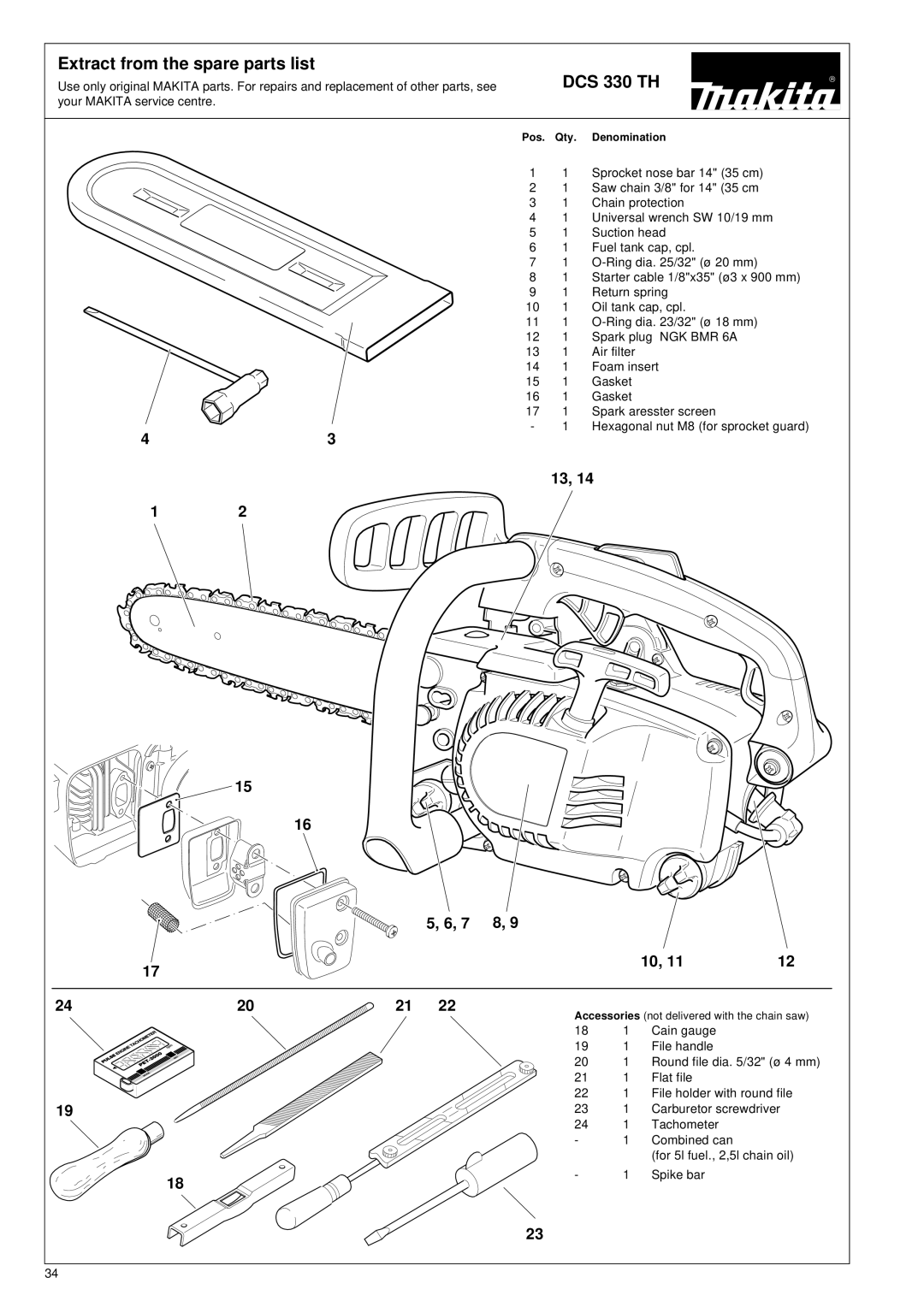 Makita DCS 330 TH instruction manual Extract from the spare parts list 