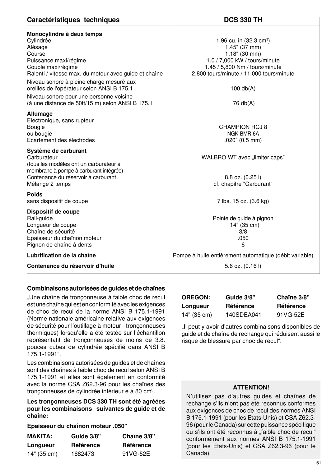 Makita instruction manual Caracté ristiques techniques DCS 330 TH, Combinaisons autorisé es de guides et de chaînes 