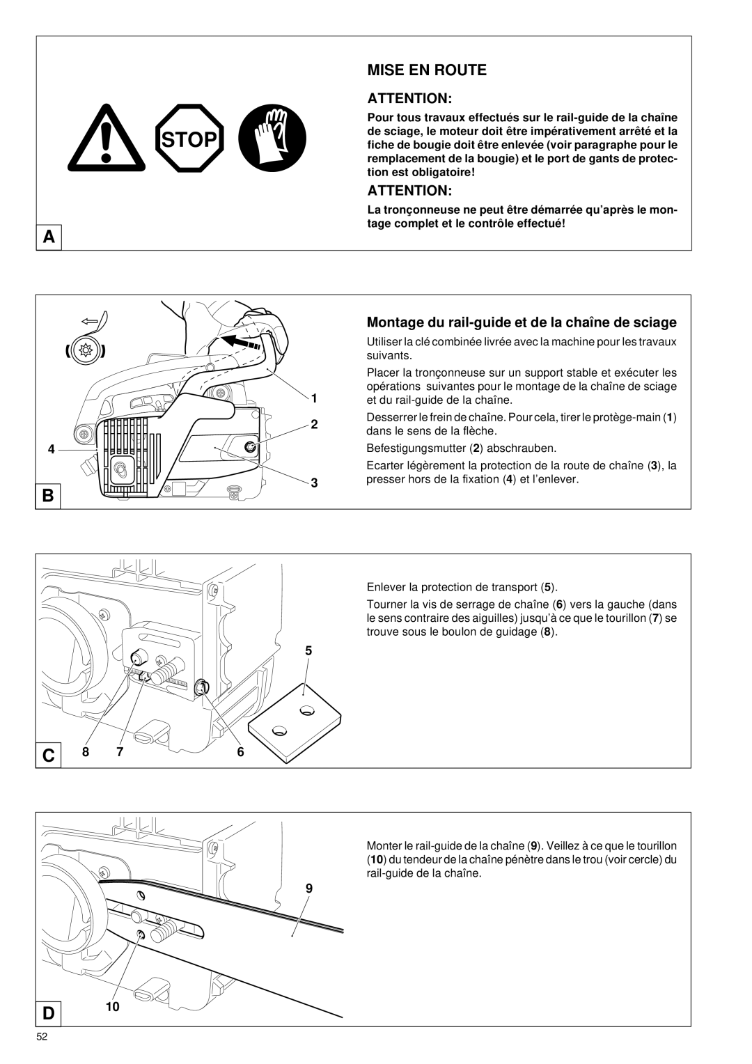 Makita DCS 330 TH instruction manual Mise EN Route, Montage du rail-guide et de la chaîne de sciage 