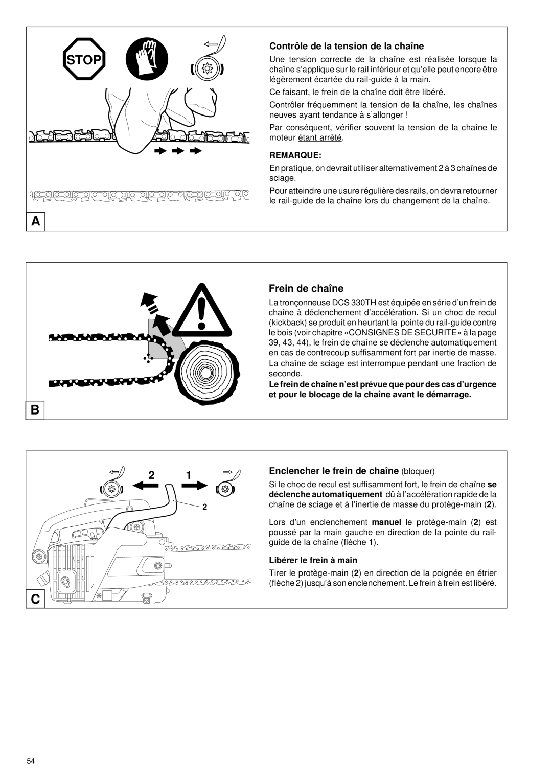 Makita DCS 330 TH Frein de chaîne, Contrô le de la tension de la chaîne, Enclencher le frein de chaîne bloquer 