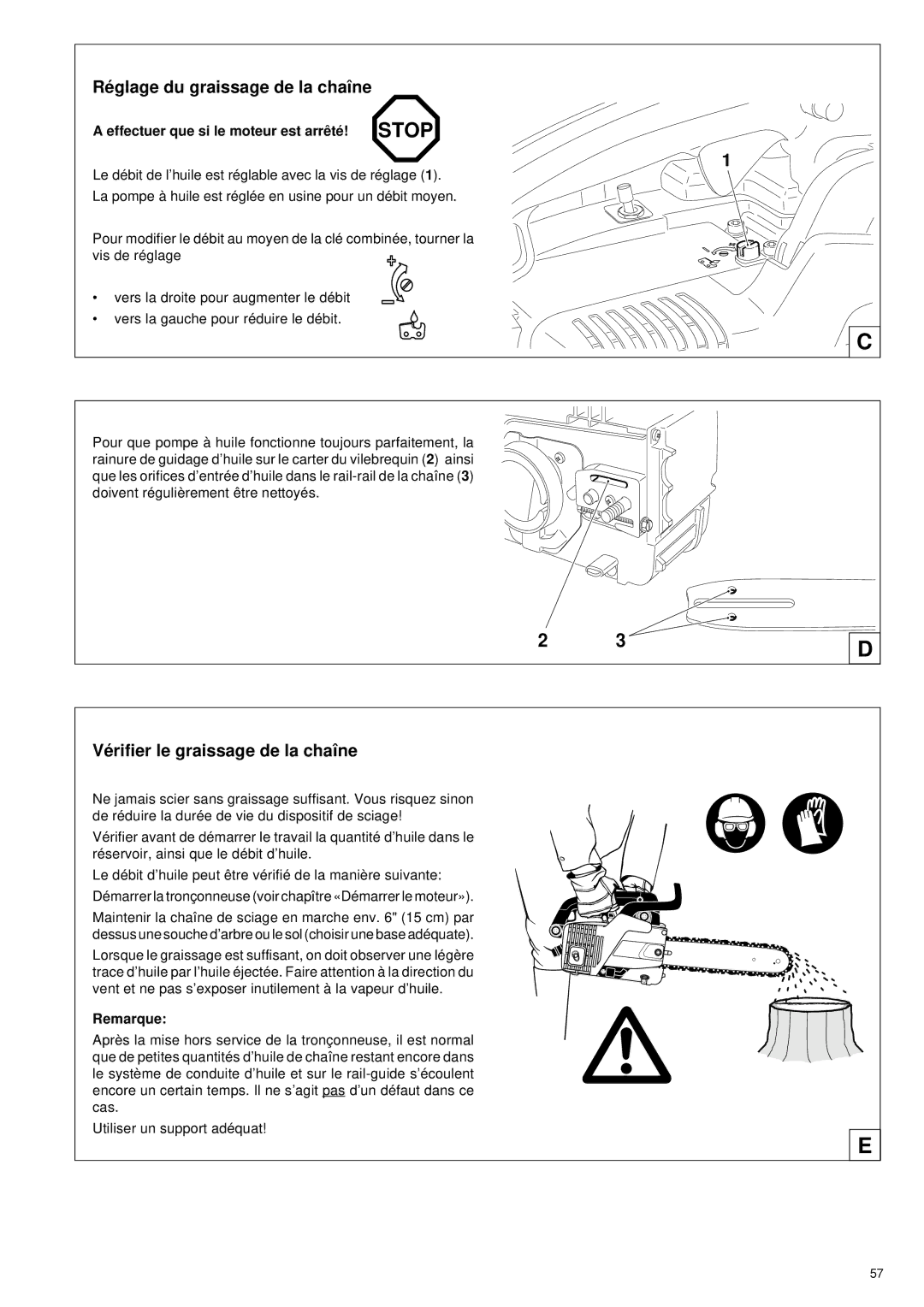 Makita DCS 330 TH instruction manual Ré glage du graissage de la chaîne, Vé rifier le graissage de la chaîne, Remarque 