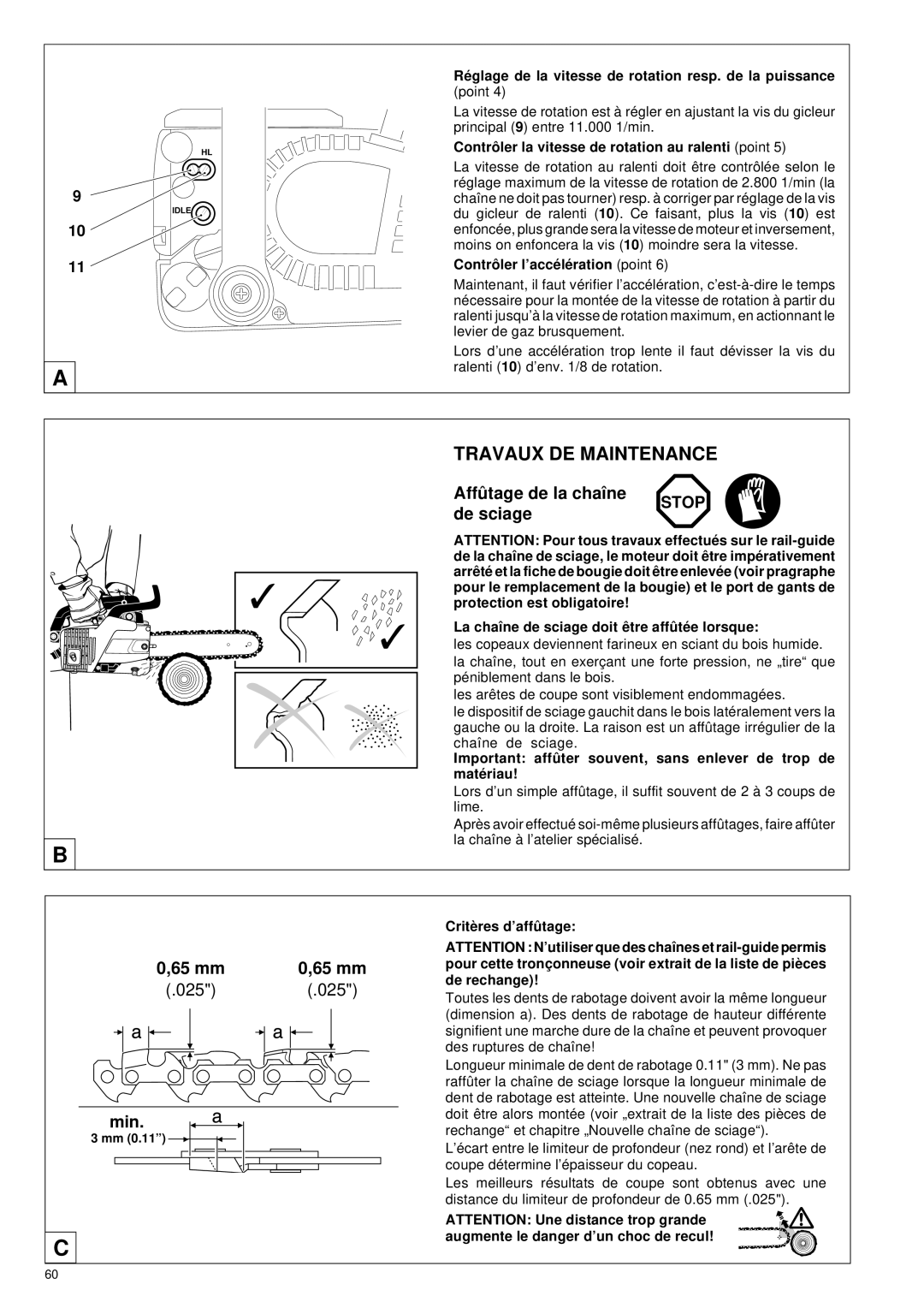 Makita DCS 330 TH instruction manual Affû tage de la chaîne De sciage, 65 mm 