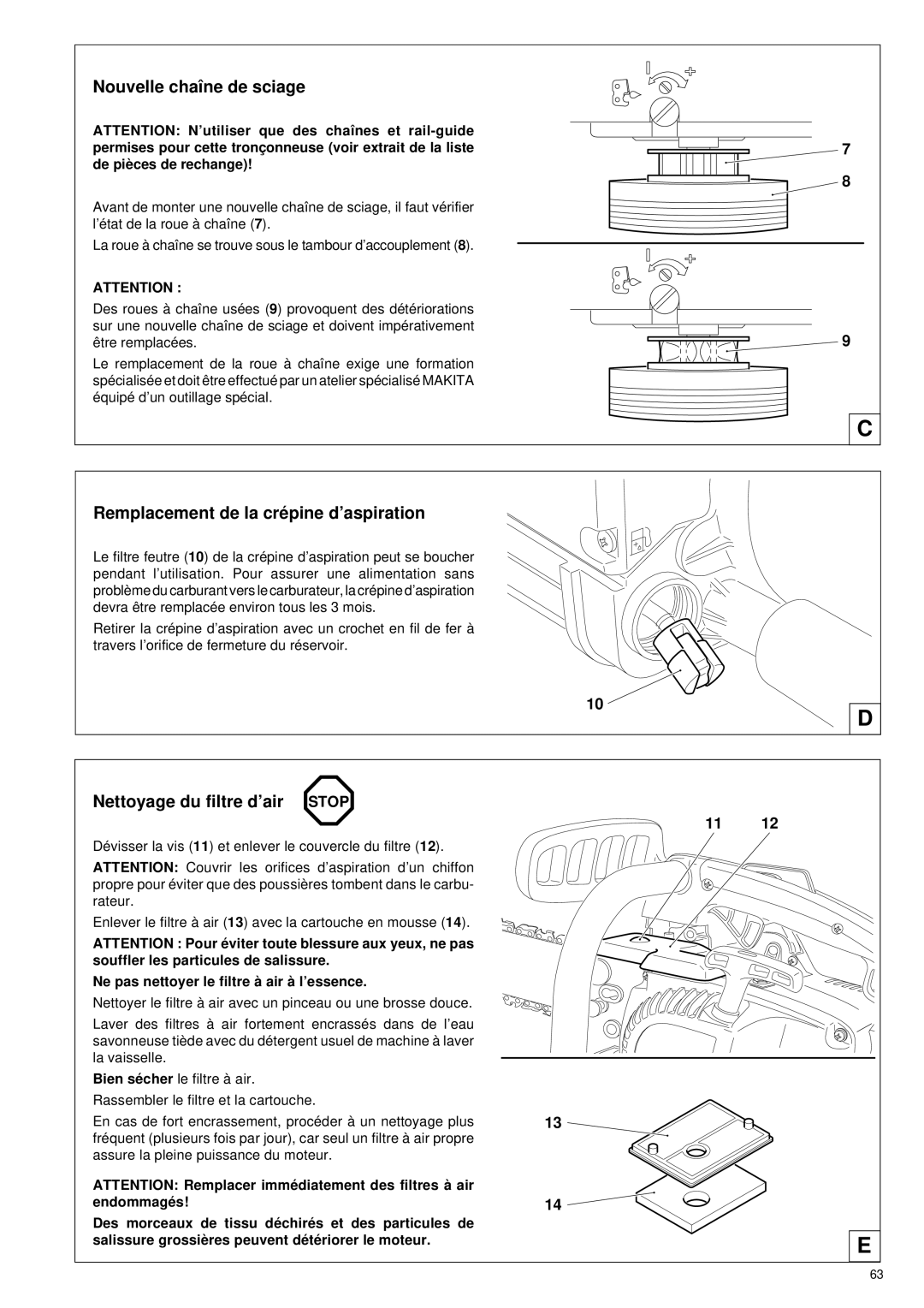 Makita DCS 330 TH Nouvelle chaîne de sciage, Remplacement de la cré pine d’aspiration, Nettoyage du filtre d’air Stop 