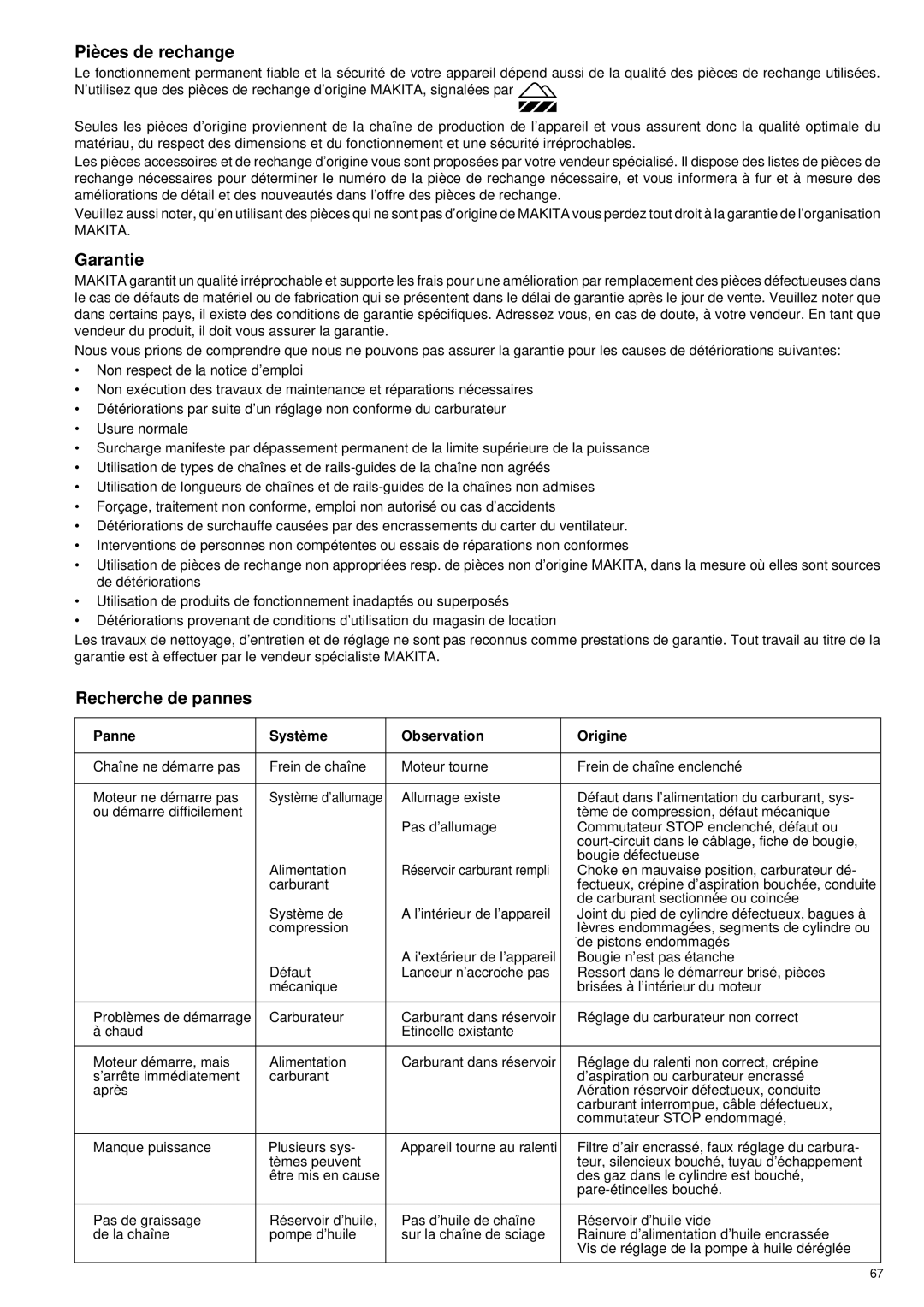 Makita DCS 330 TH instruction manual Piè ces de rechange, Garantie, Recherche de pannes, Panne Systè me Observation Origine 