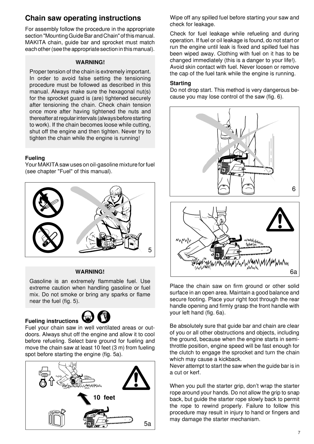 Makita DCS 330 TH instruction manual Chain saw operating instructions, Feet, Fueling instructions, Starting 