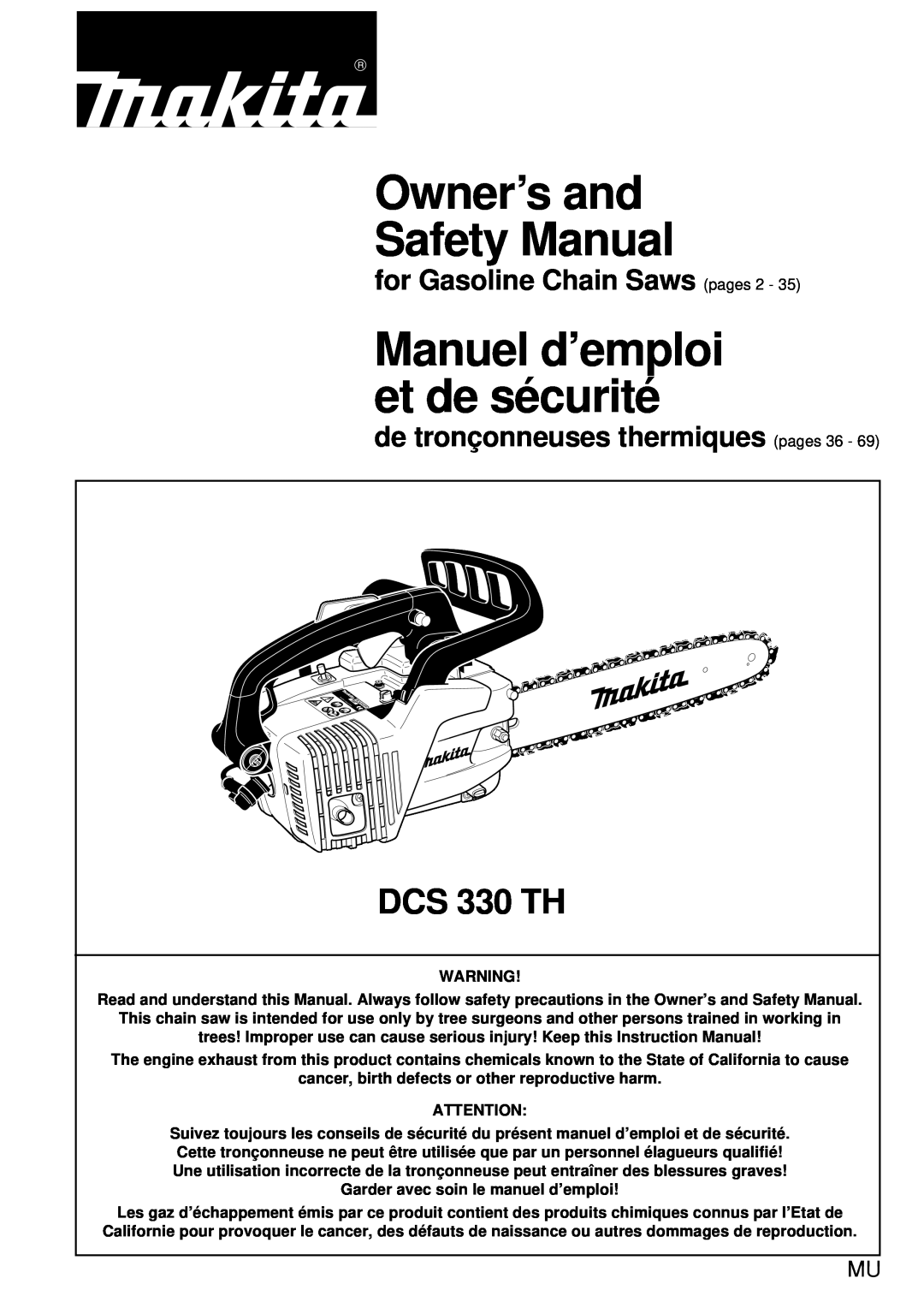 Makita DCS 330 TH instruction manual for Gasoline Chain Saws pages 2, de tronçonneuses thermiques pages 36 