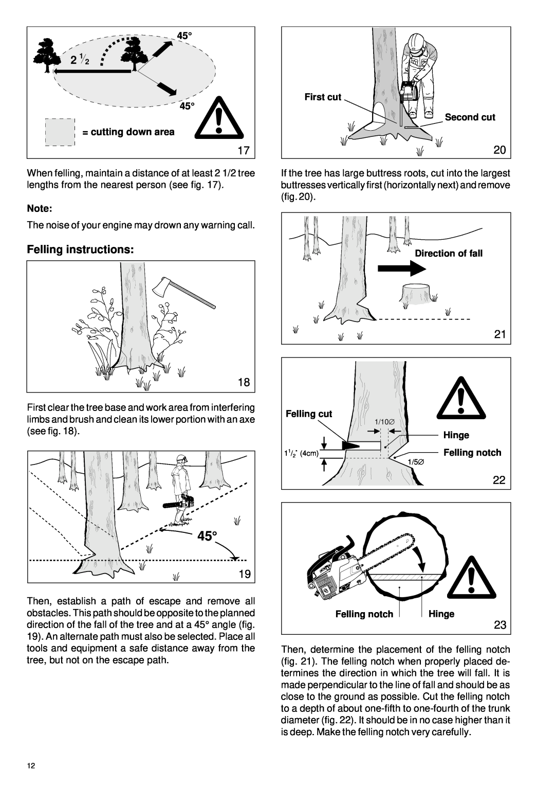 Makita DCS 330 TH instruction manual Felling instructions, 45 = cutting down area 