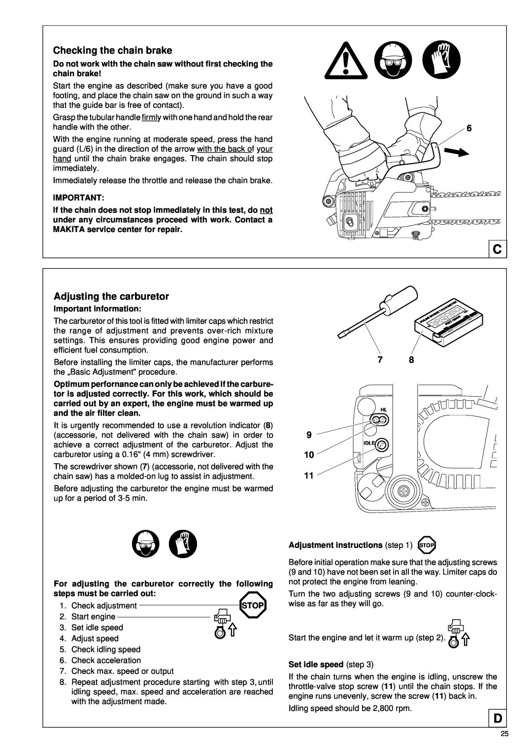 Makita DCS 330 TH instruction manual Checking the chain brake, Adjusting the carburetor 
