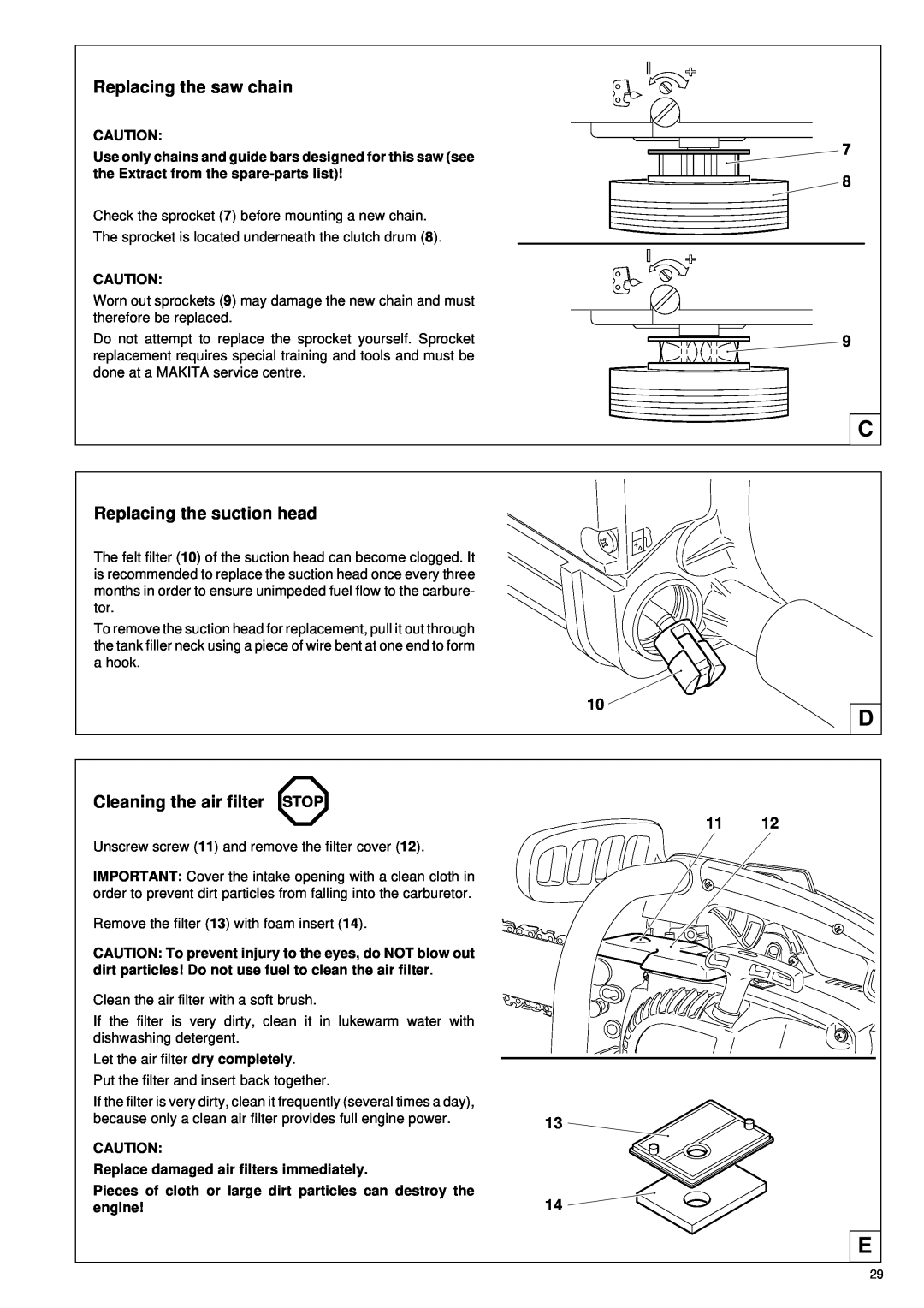 Makita DCS 330 TH instruction manual Replacing the saw chain, Replacing the suction head, Cleaning the air filter STOP 
