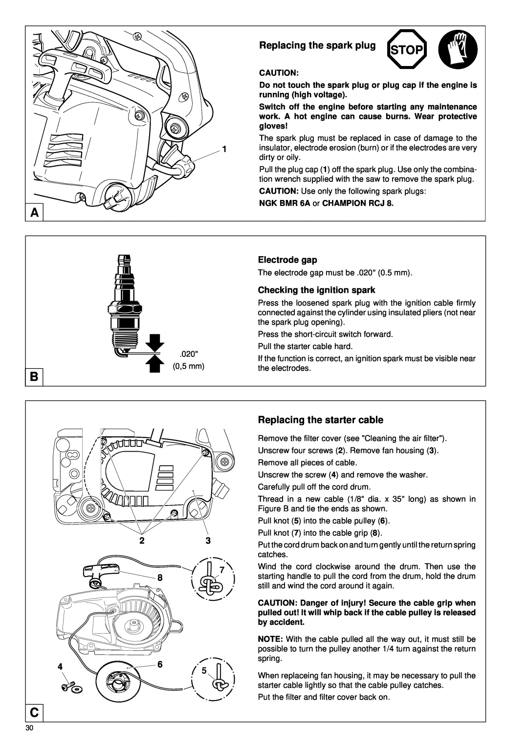 Makita DCS 330 TH instruction manual Replacing the spark plug, Replacing the starter cable, Stop 