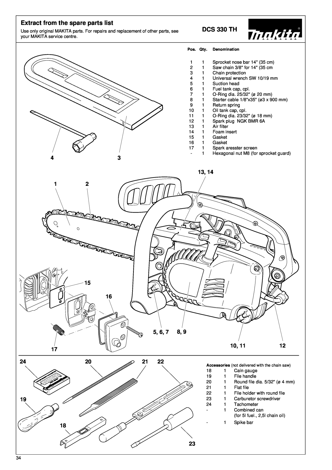 Makita DCS 330 TH instruction manual Extract from the spare parts list 