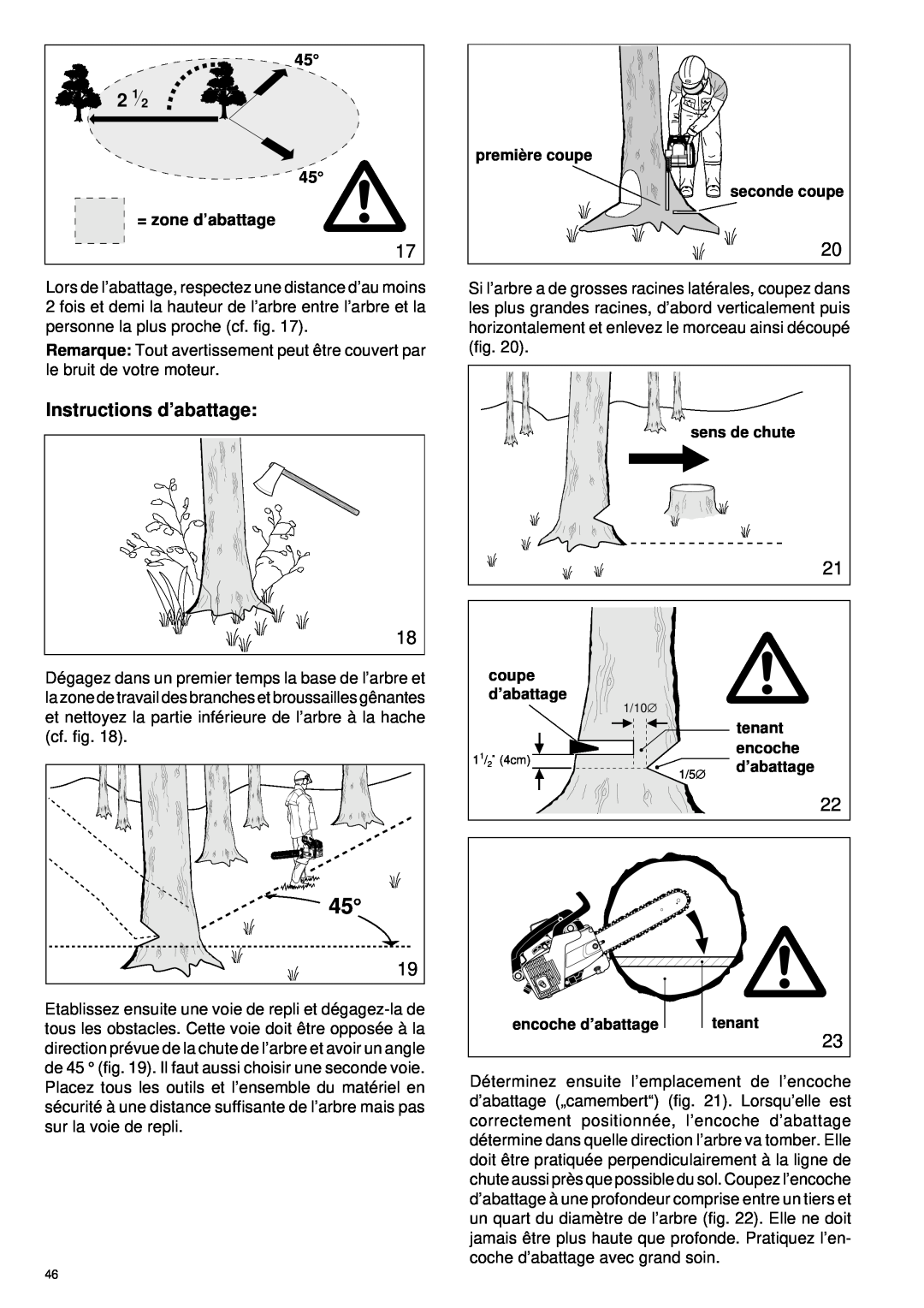 Makita DCS 330 TH instruction manual Instructions d’abattage, 45 = zone d’abattage 
