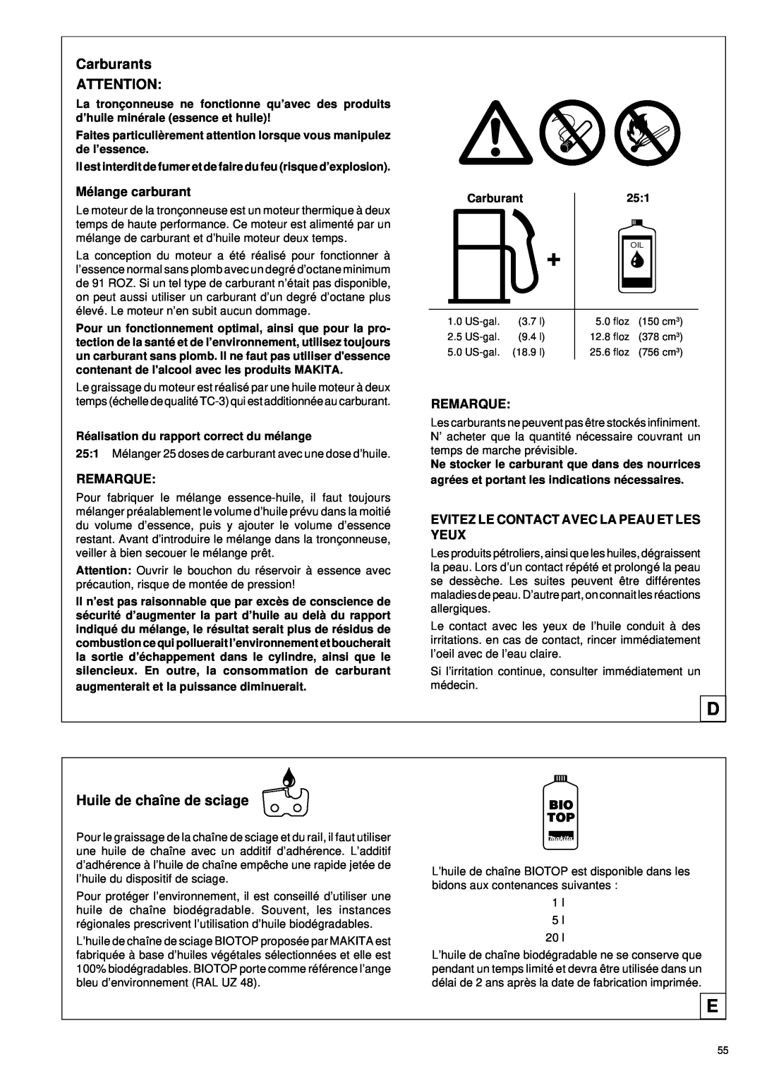 Makita DCS 330 TH instruction manual Carburants, Huile de chaîne de sciage 
