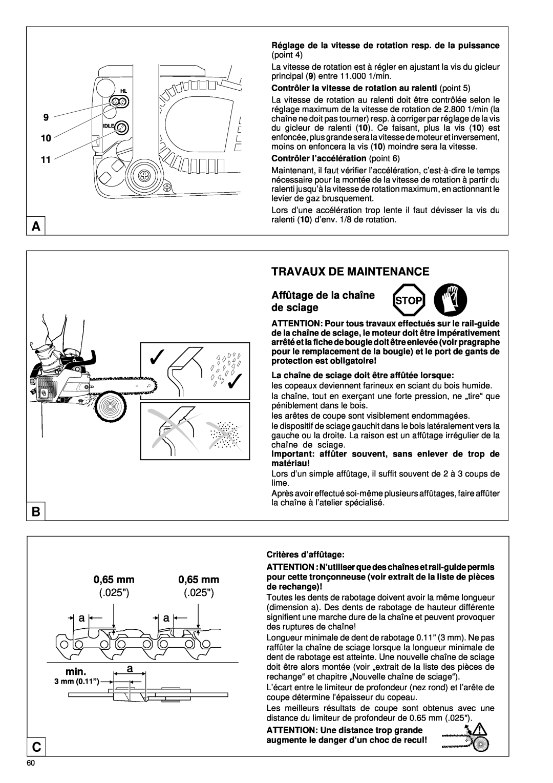 Makita DCS 330 TH instruction manual Travaux De Maintenance, Affû tage de la chaîne, de sciage, 0,65 mm 