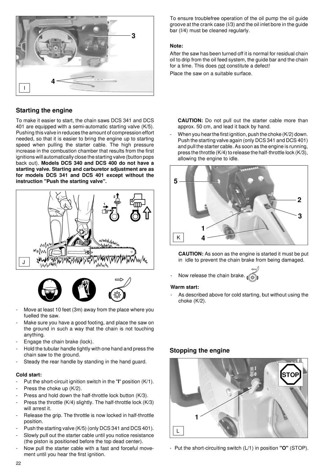 Makita DCS 340, DCS 401, DCS 400, DCS 341 manual Starting the engine, Stopping the engine, Cold start, Warm start 