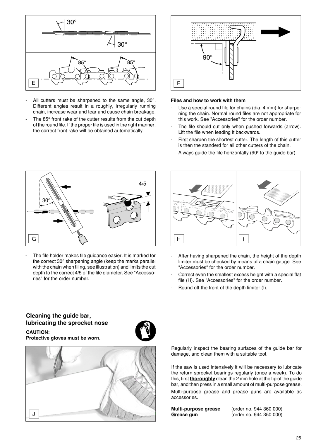 Makita DCS 400, DCS 401 Cleaning the guide bar, lubricating the sprocket nose, Files and how to work with them, Grease gun 