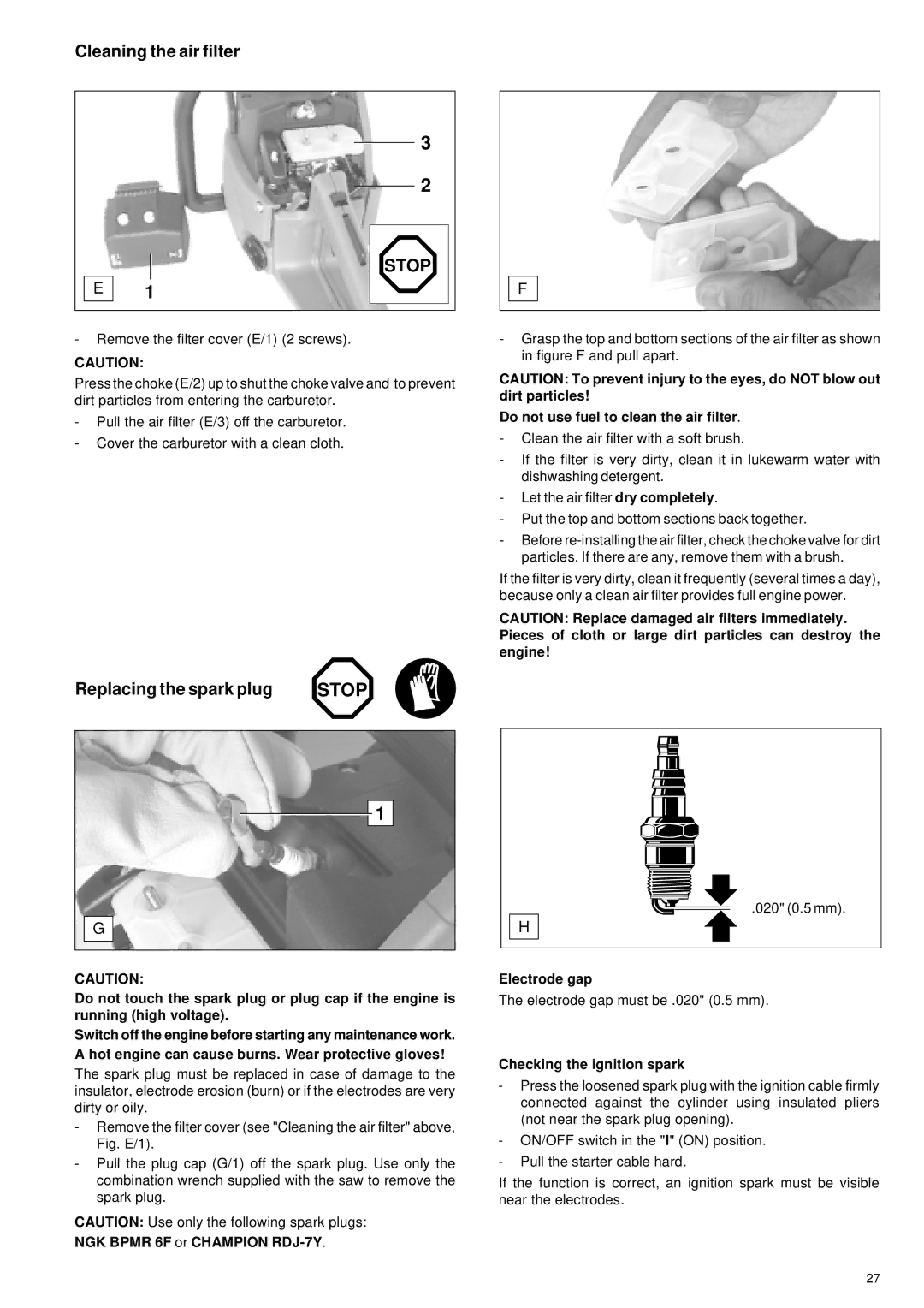 Makita DCS 341, DCS 401, DCS 400, DCS 340 manual Cleaning the air filter, Replacing the spark plug 