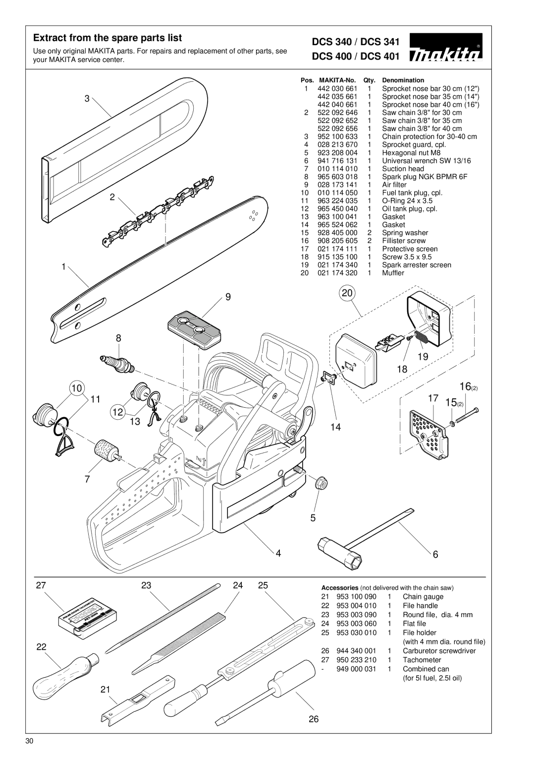 Makita DCS 401, DCS 341 manual Extract from the spare parts list DCS 340 / DCS, DCS 400 / DCS 