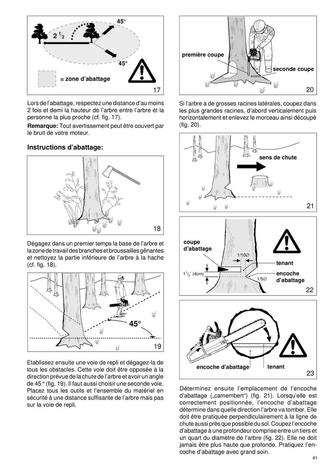 Makita DCS 400, DCS 401, DCS 340, DCS 341 manual Instructions d’abattage, = zone d’abattage 