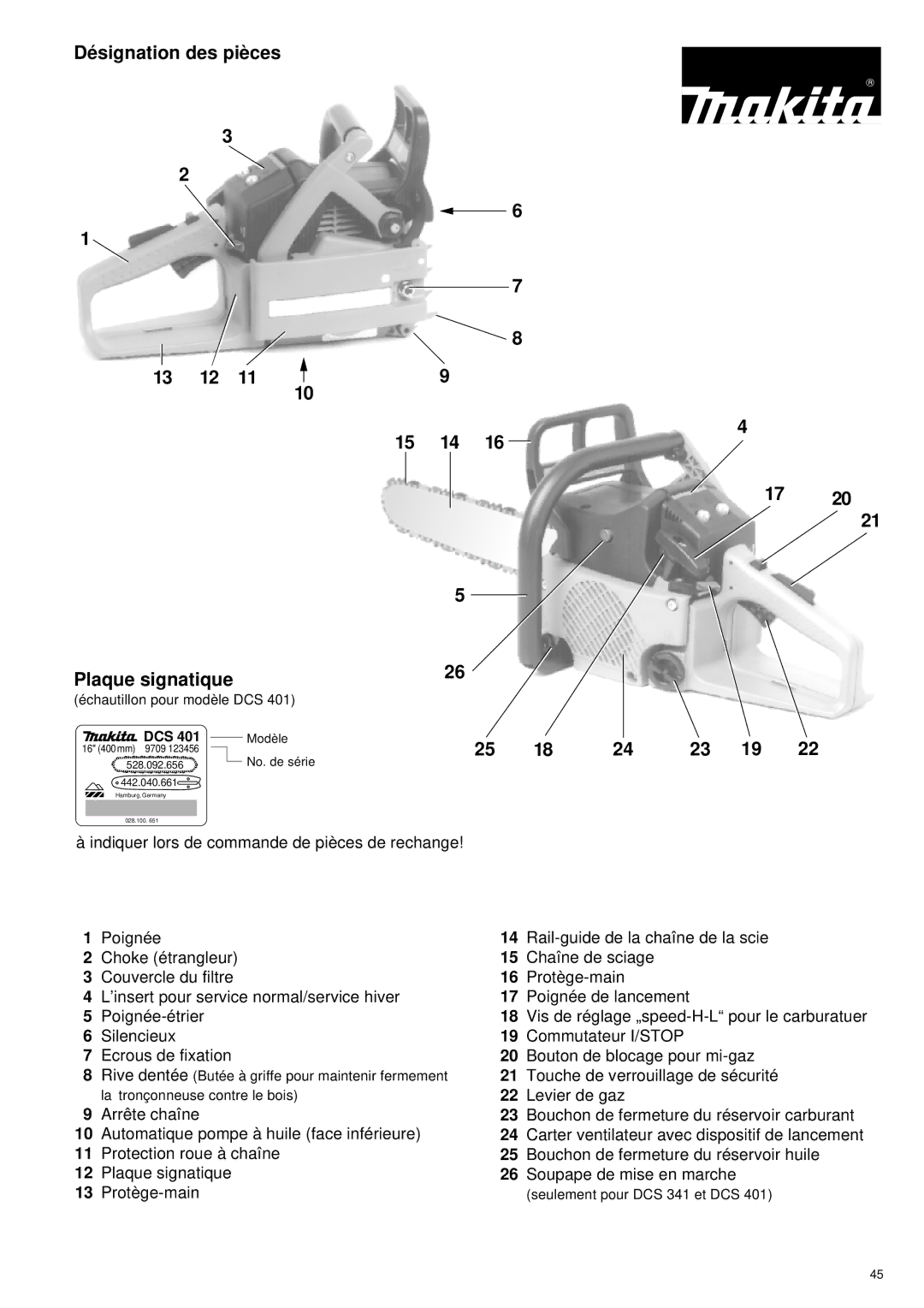 Makita DCS 400, DCS 401, DCS 340, DCS 341 manual Dé signation des piè ces 13 12 Plaque signatique, Dcs 