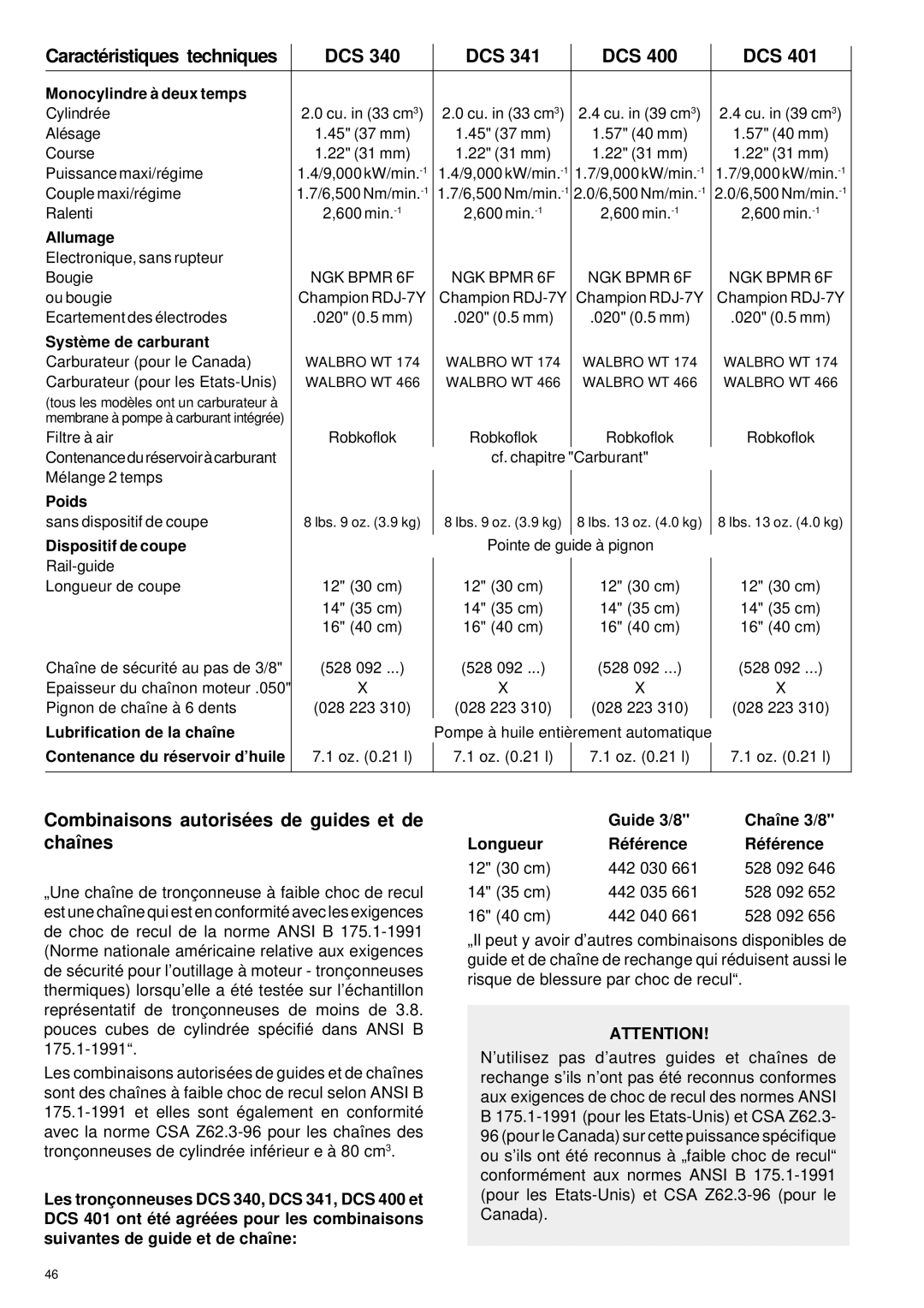 Makita DCS 340, DCS 401, DCS 400 Combinaisons autorisé es de guides et de chaînes, Caractéristiques techniques, Guide 3/8 