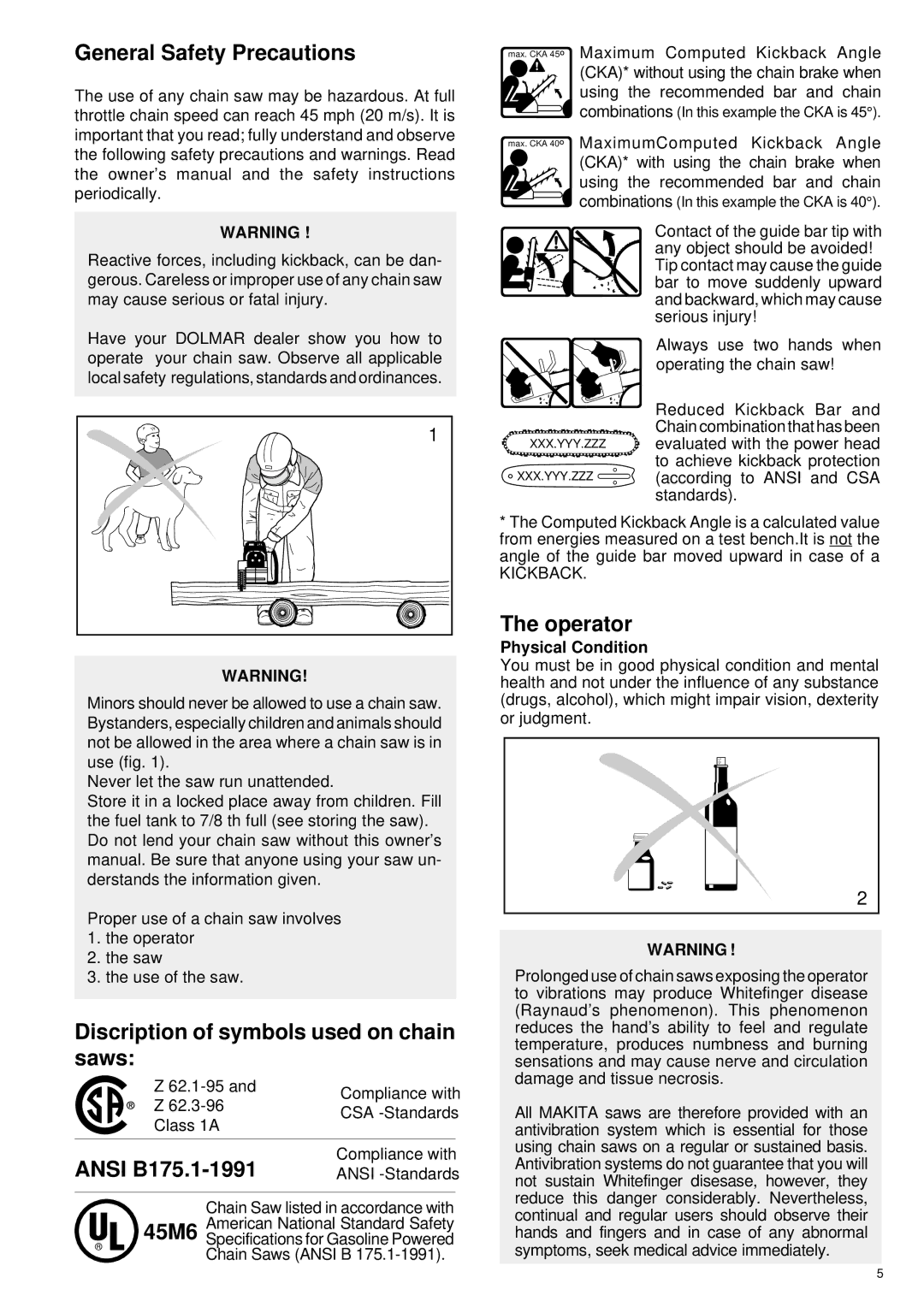 Makita DCS 400 General Safety Precautions, Discription of symbols used on chain saws, Ansi B175.1-1991, 45M6, Operator 