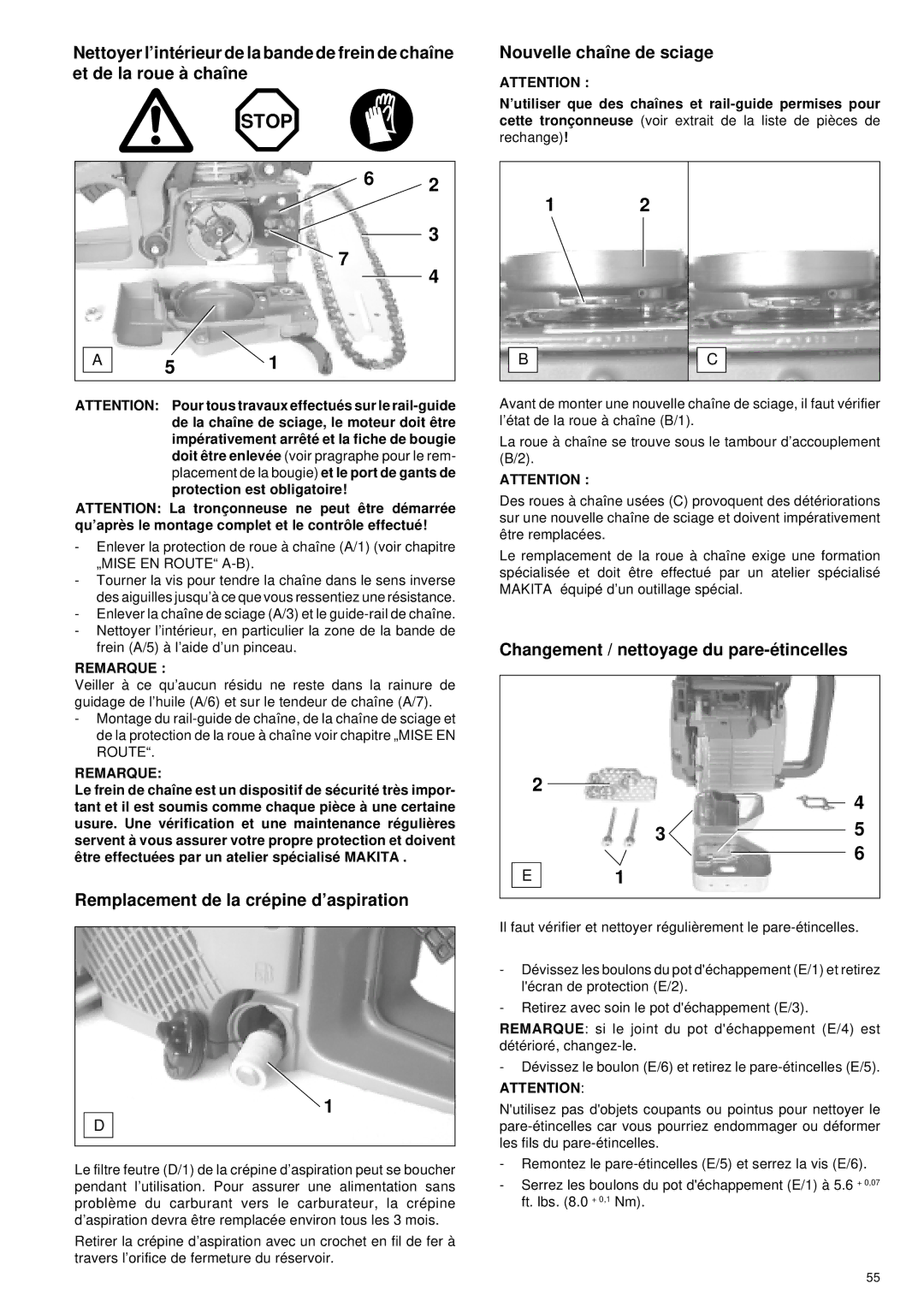 Makita DCS 341, DCS 401, DCS 400, DCS 340 manual Remplacement de la cré pine d’aspiration, Nouvelle chaîne de sciage 