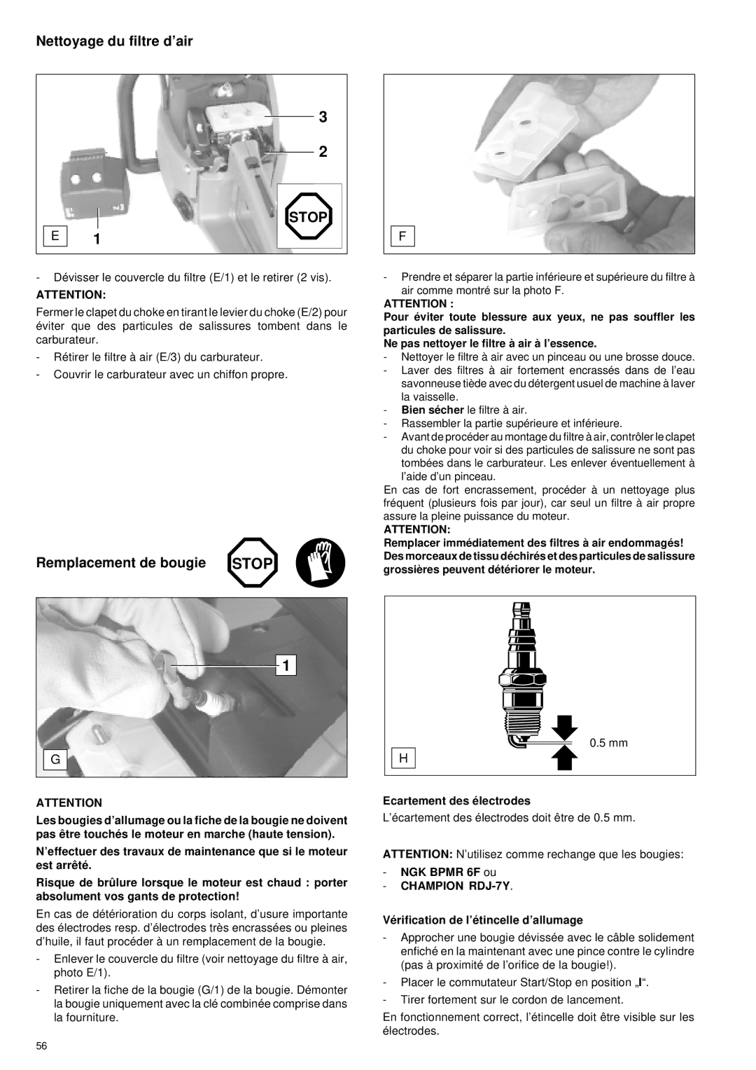 Makita DCS 401, DCS 400, DCS 340, DCS 341 manual Nettoyage du filtre d’air, Remplacement de bougie Stop, NGK Bpmr 6F ou 