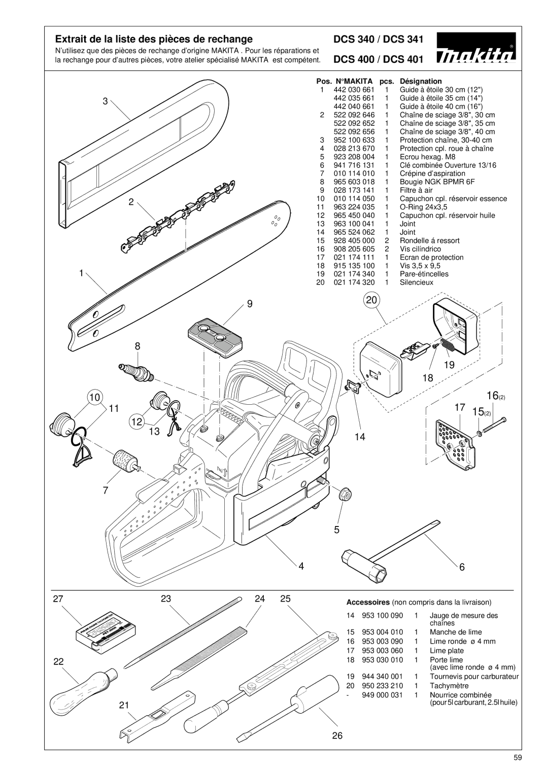 Makita DCS 341, DCS 401 manual Extrait de la liste des piè ces de rechange, DCS 340 / DCS, DCS 400 / DCS 