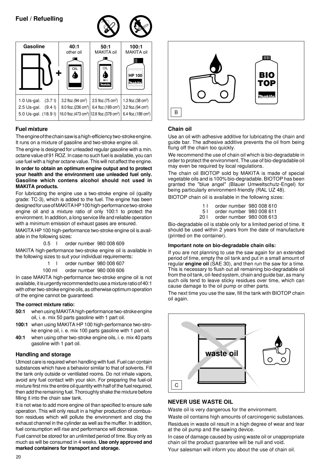Makita DCS 6800I, DCS 6000I manual Waste oil, Fuel / Refuelling, Fuel mixture, Handling and storage, Chain oil 