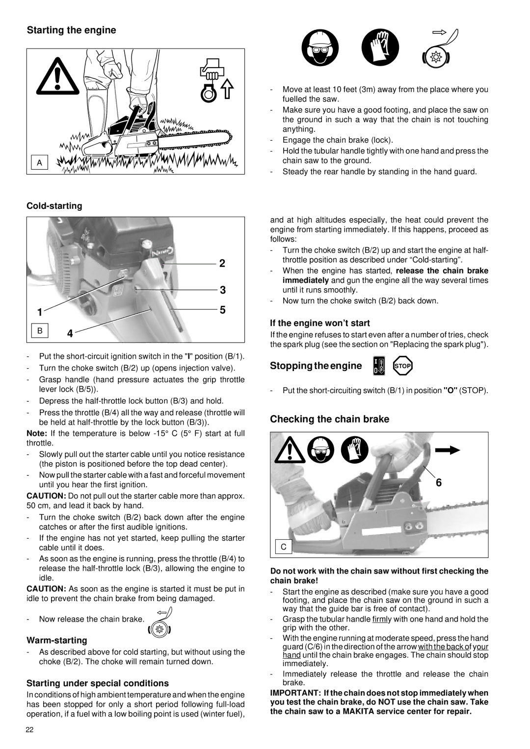 Makita DCS 6800I, DCS 6000I manual Starting the engine, Stopping the engine, Checking the chain brake 