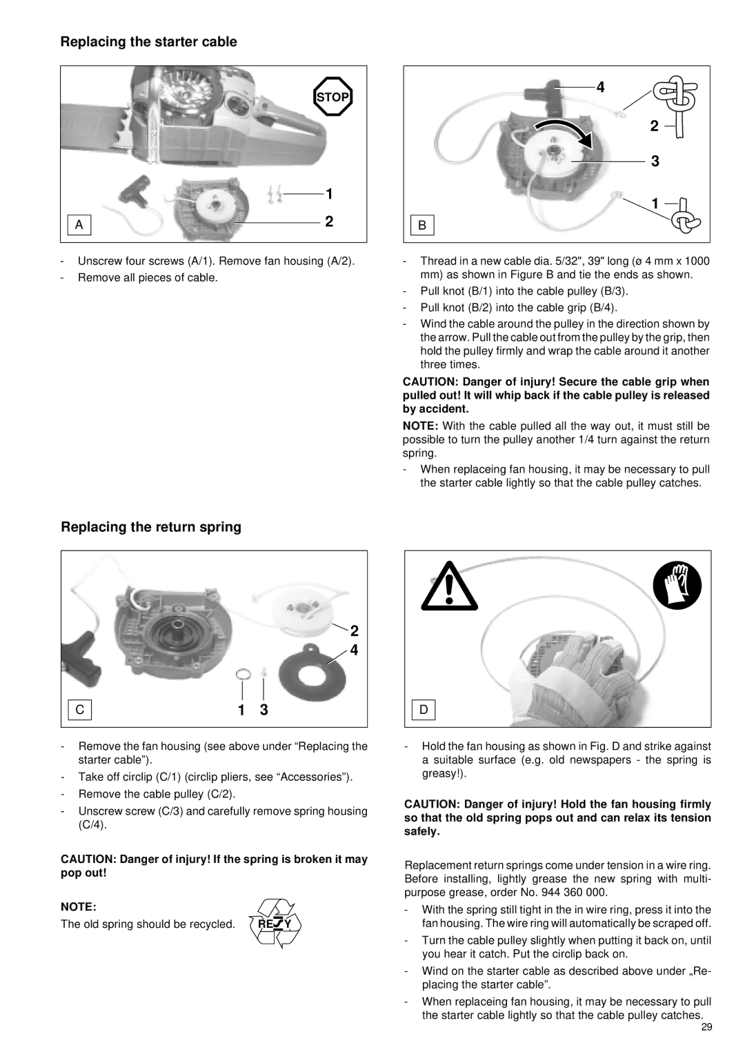 Makita DCS 6000I, DCS 6800I manual Replacing the starter cable, Replacing the return spring 