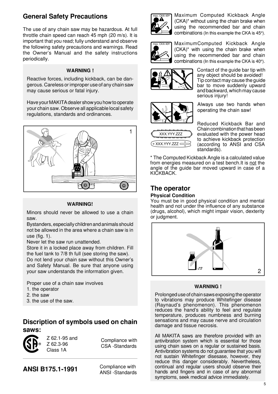 Makita DCS 6000I manual General Safety Precautions, Discription of symbols used on chain saws, Ansi B175.1-1991, Operator 