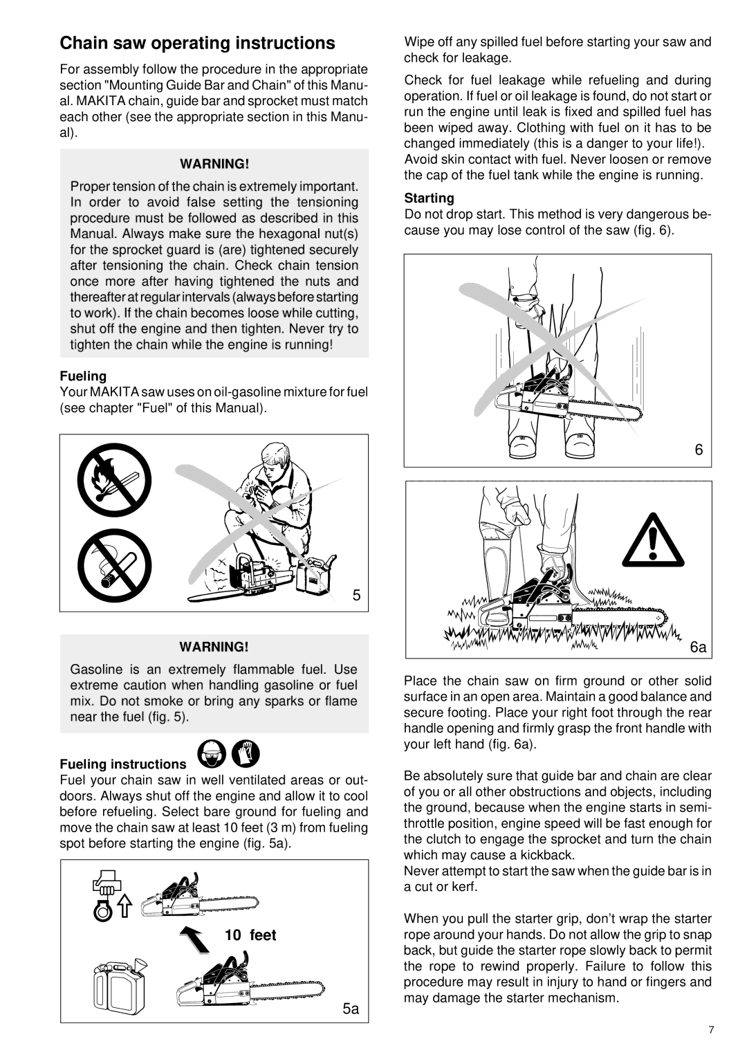 Makita DCS 6000I, DCS 6800I manual Chain saw operating instructions, Feet, Fueling instructions, Starting 