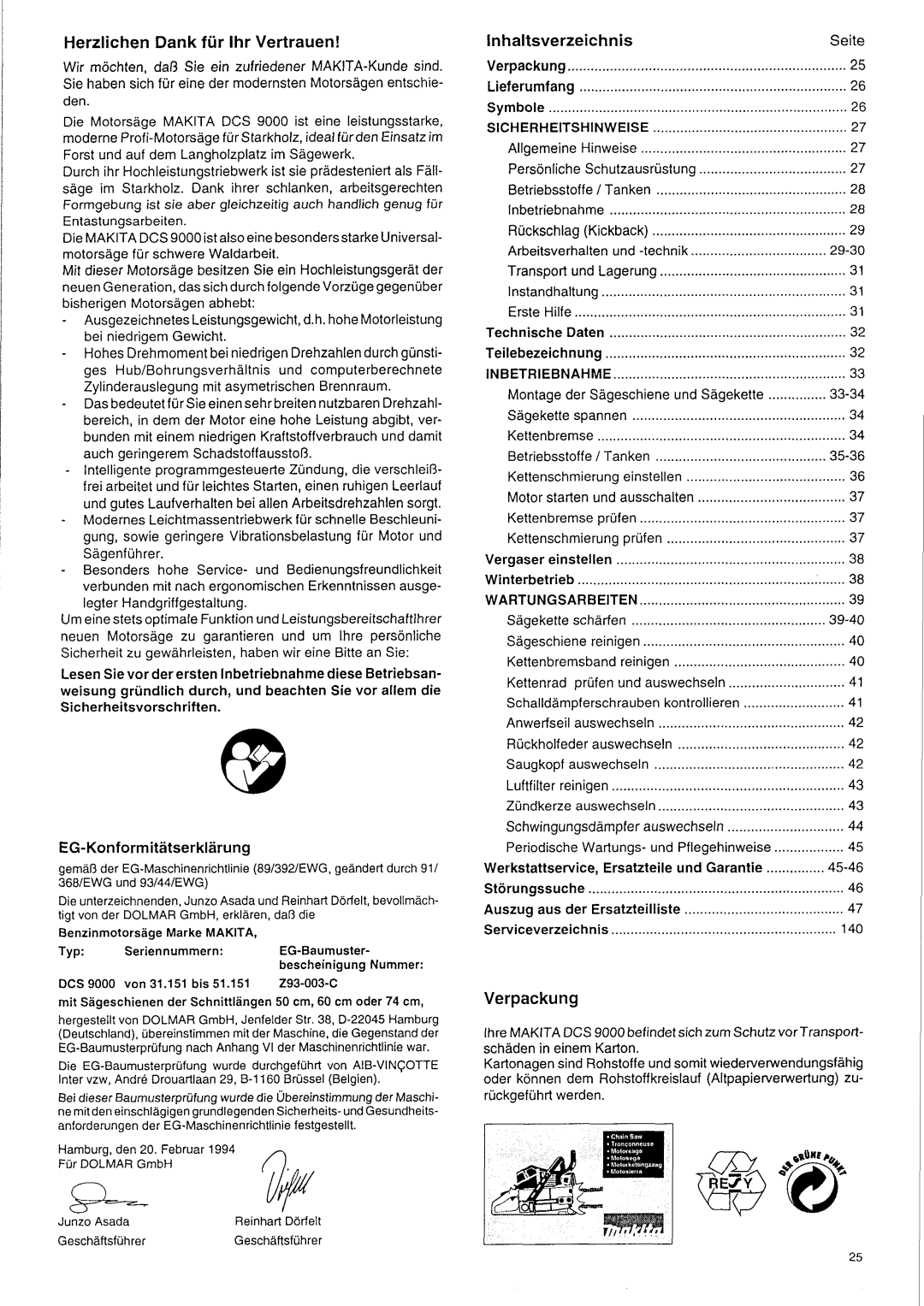 Makita DCS 9000 manual Herzlichen Dank fur Ihr Vertrauen, Lnhaltsverzeichnis, Verpackung 