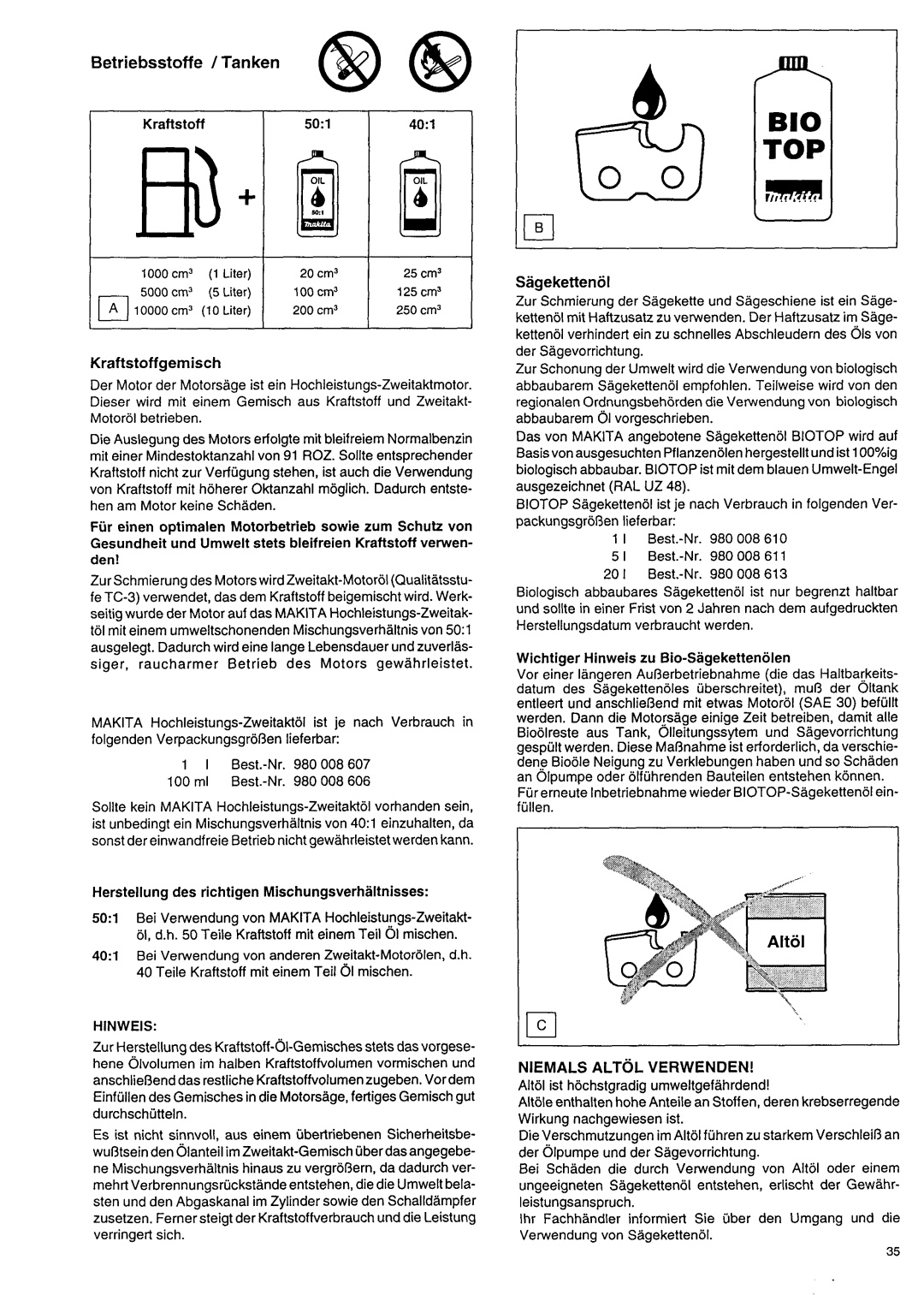 Makita DCS 9000 manual Betriebsstoffe / Tanken @ @, Niemals Altol Verwenden, Kraftstoff50l 40l 