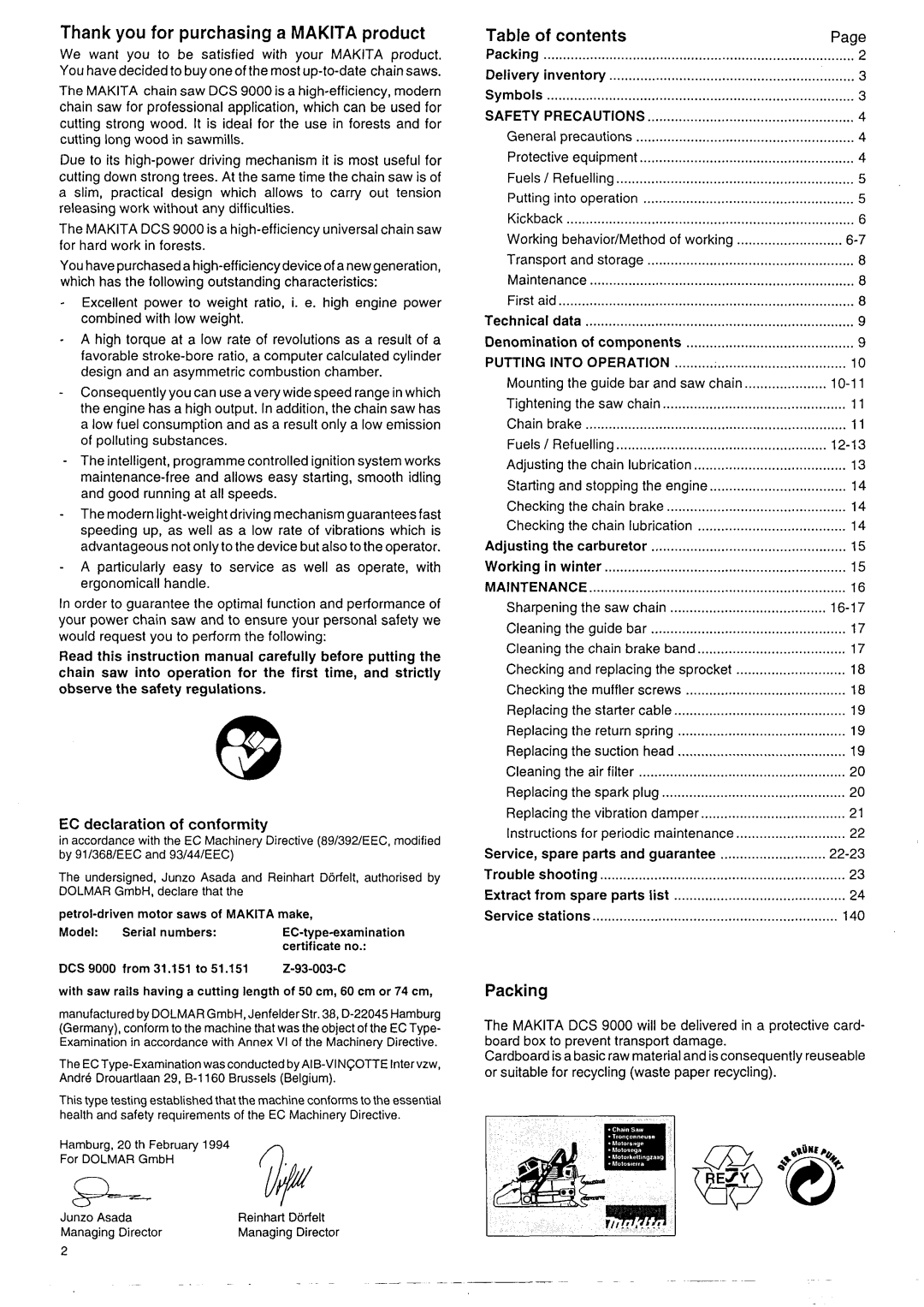 Makita DCS 9000 manual Thank you for purchasing a Makita product, Table of contents, Packing 