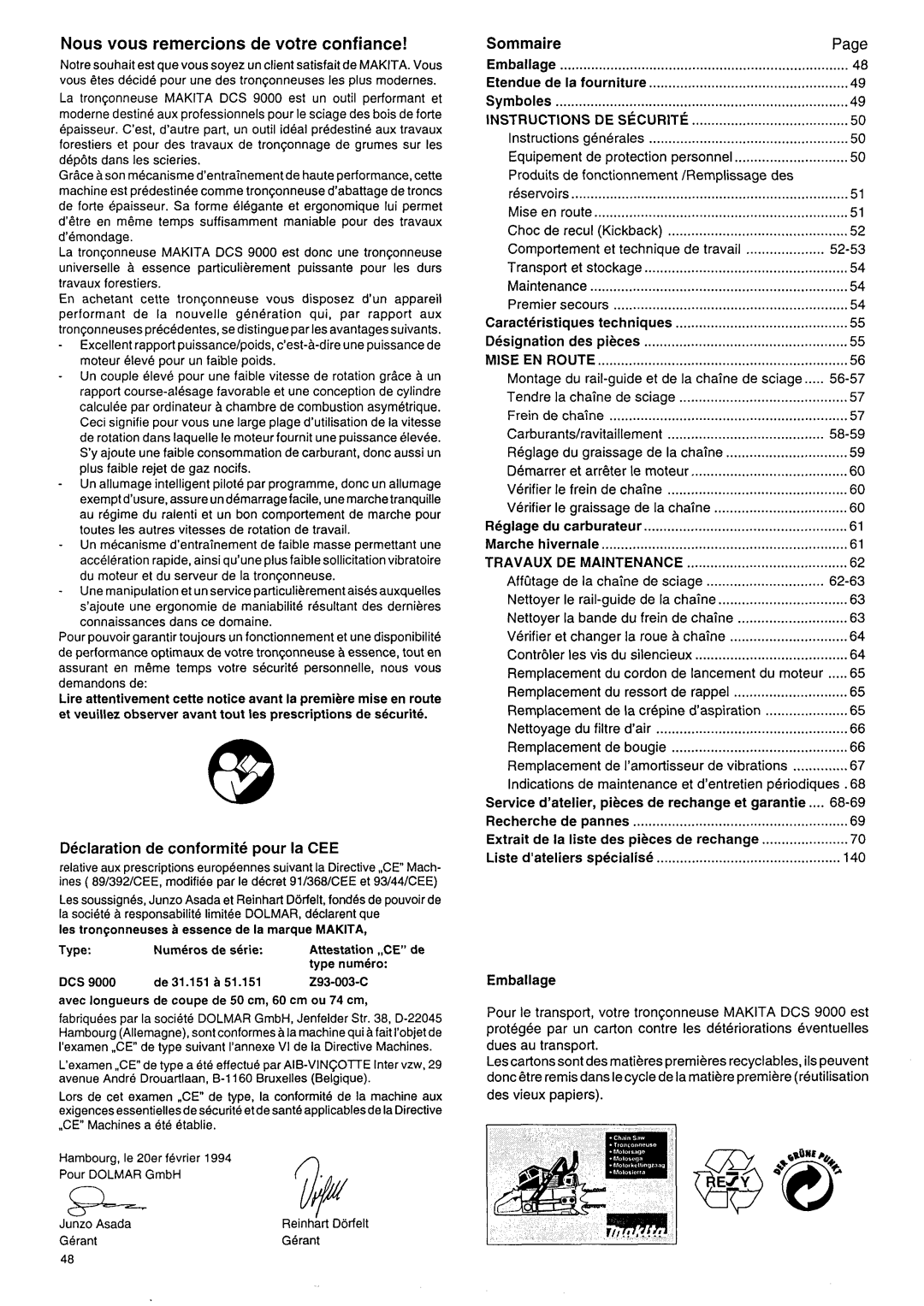 Makita DCS 9000 manual Nous vous remercions de votre confiance, Declarationde conformite pour la CEE, Sommaire 