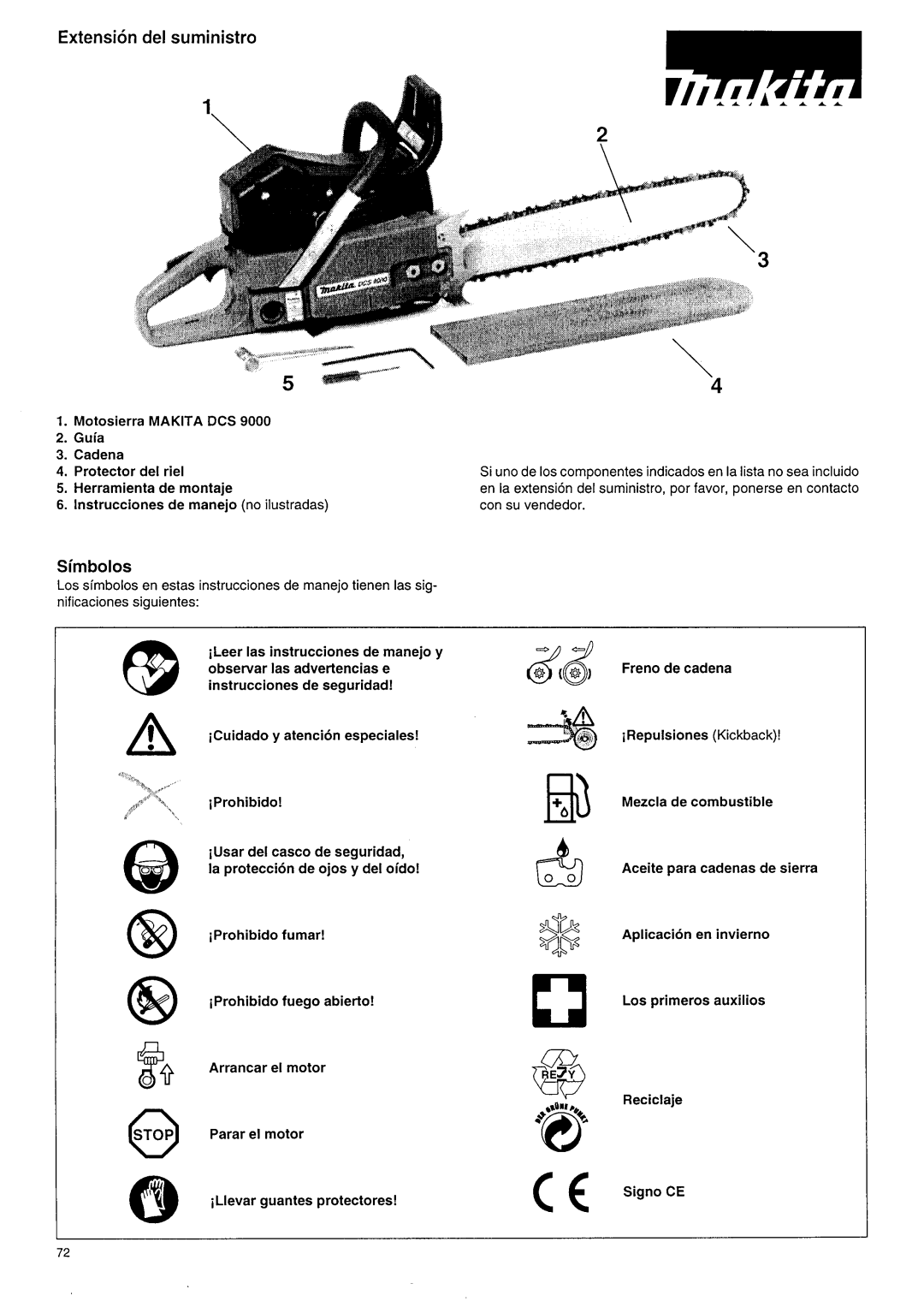 Makita DCS 9000 manual Extension del suministro, Simbolos, Motosierra Makita DCS Guia Cadena Protector del riel 