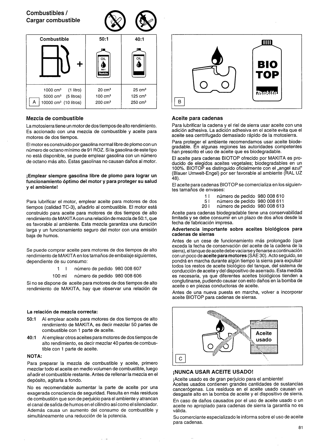 Makita DCS 9000 manual Cargar combustible, Mezcla de combustible, Lceite para cadenas 