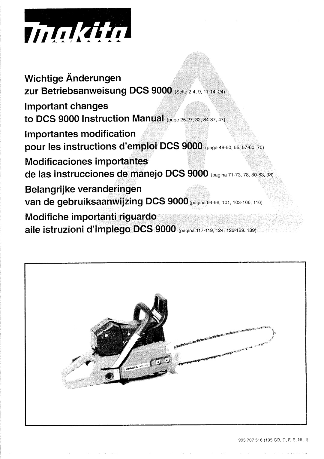 Makita manual Wichtige Anderungen, zur Betriebsanweisung DCS 90 Important changes, to DCS 9000Instruction Ma 