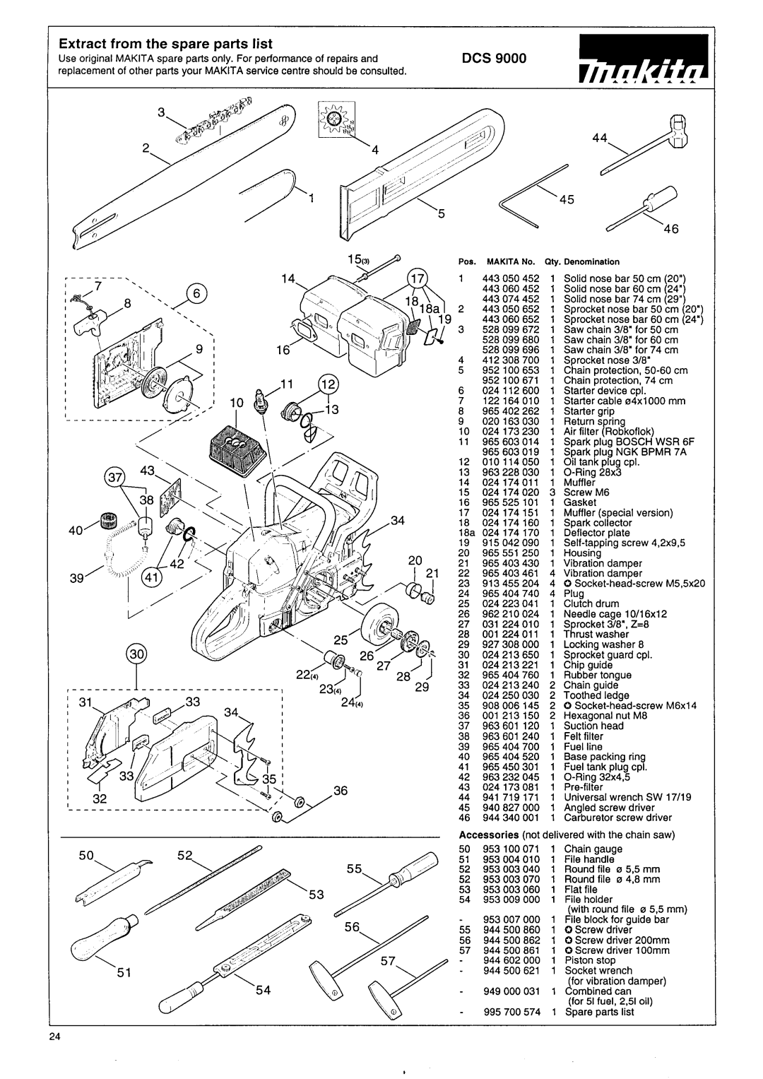Makita DCS 9000 manual Extract from the spare parts list 