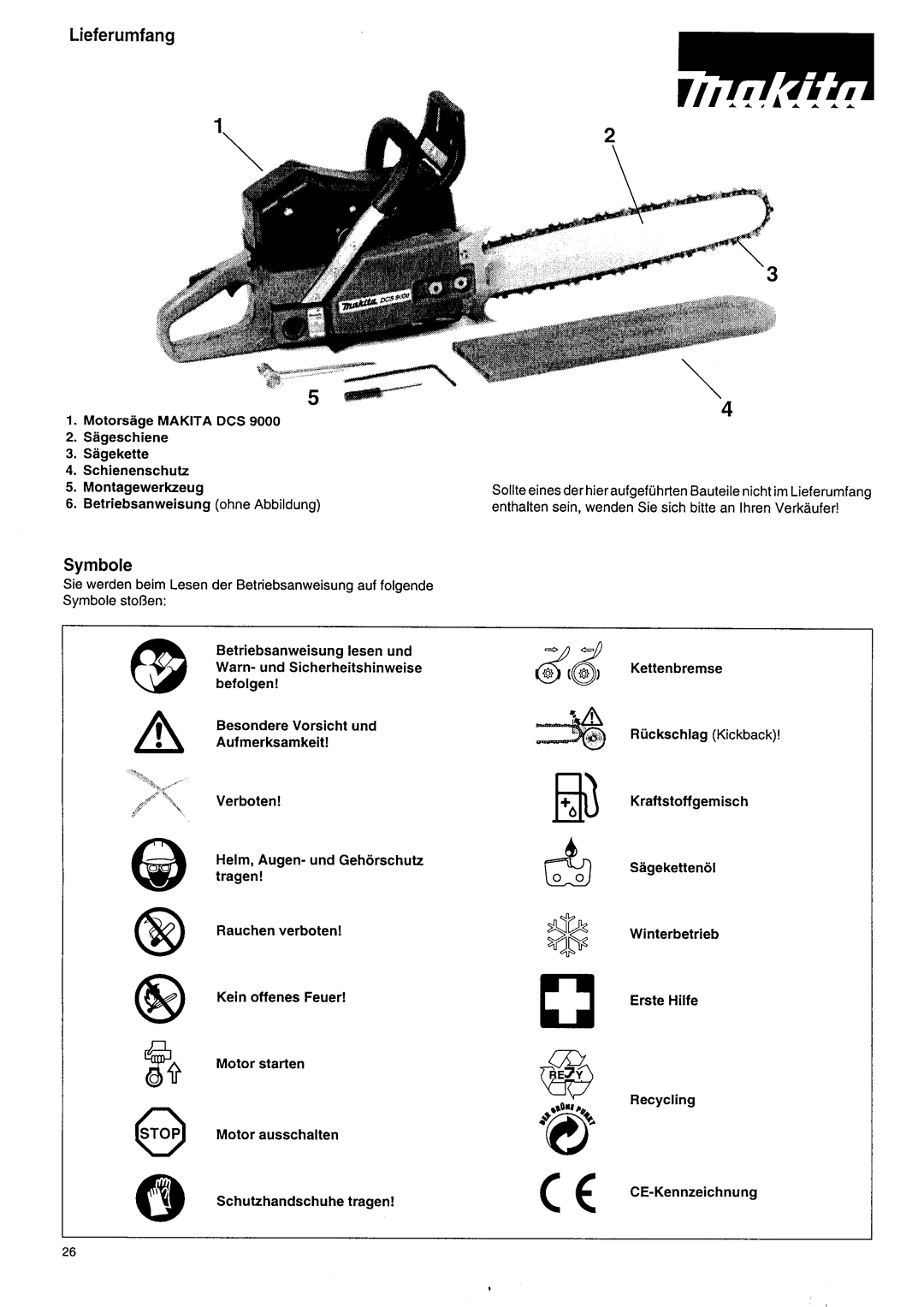Makita DCS 9000 Lieferumfang, Symbole, Motorsage MAKITA DCS 2.Sageschiene 3.Sagekette, Schienenschutz 5.Montagewerkzeug 