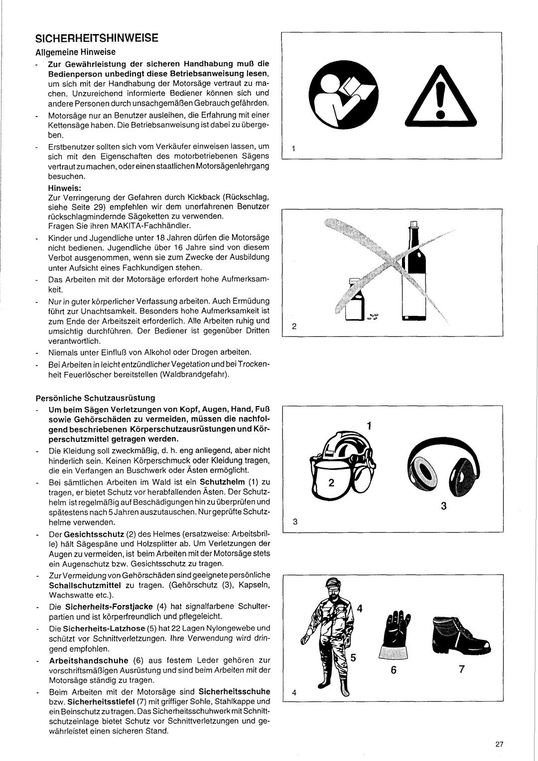 Makita DCS 9000 manual SICHERHElTSHlNWElSE, Allgemeine Hinweise, Personliche Schutzausrustung 