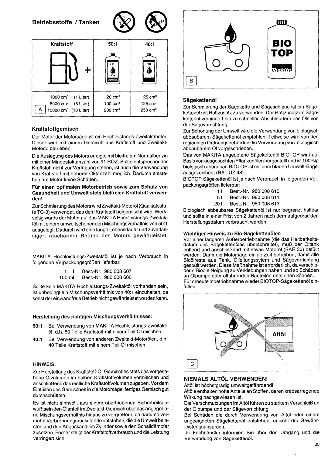 Makita DCS 9000 manual Betriebsstoffe / Tanken @ @, Niemals Altol Verwenden, Sagekettenol, 83.@ fiJ, 20 cm3 