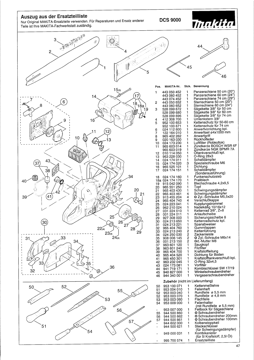 Makita DCS 9000 manual Auszug aus der Ersatzteilliste 