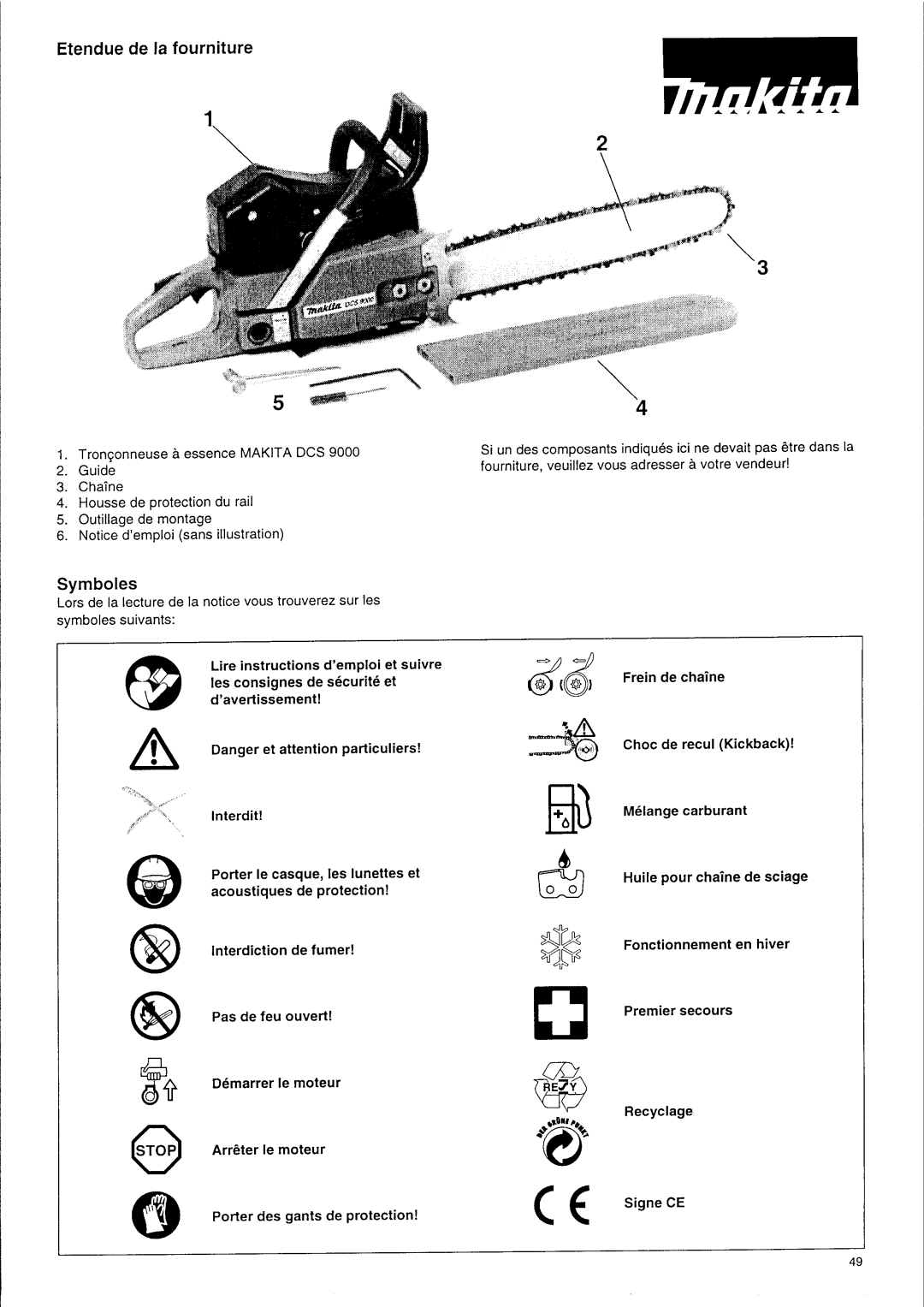 Makita DCS 9000 manual Symboles, Etendu 