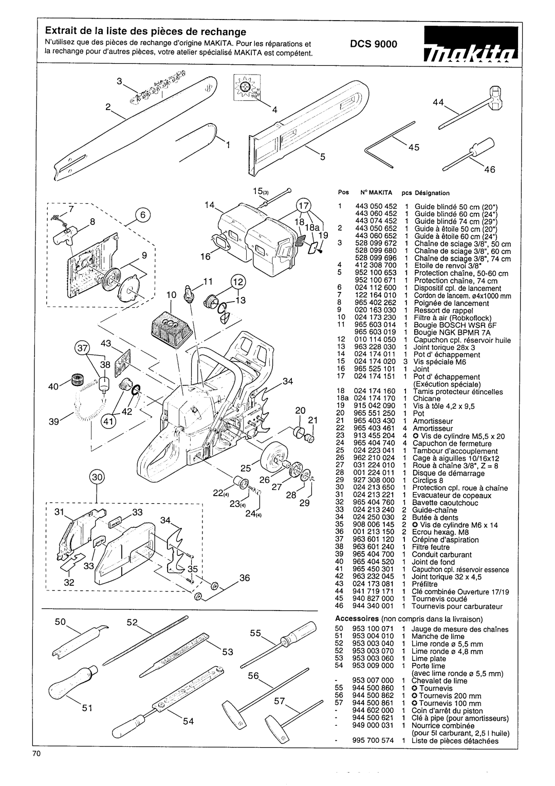 Makita DCS 9000 manual Extrait de la liste des pieces de rechange 