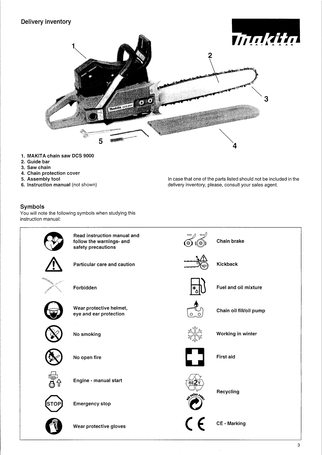 Makita DCS 9000 manual Symbols, Delivery 