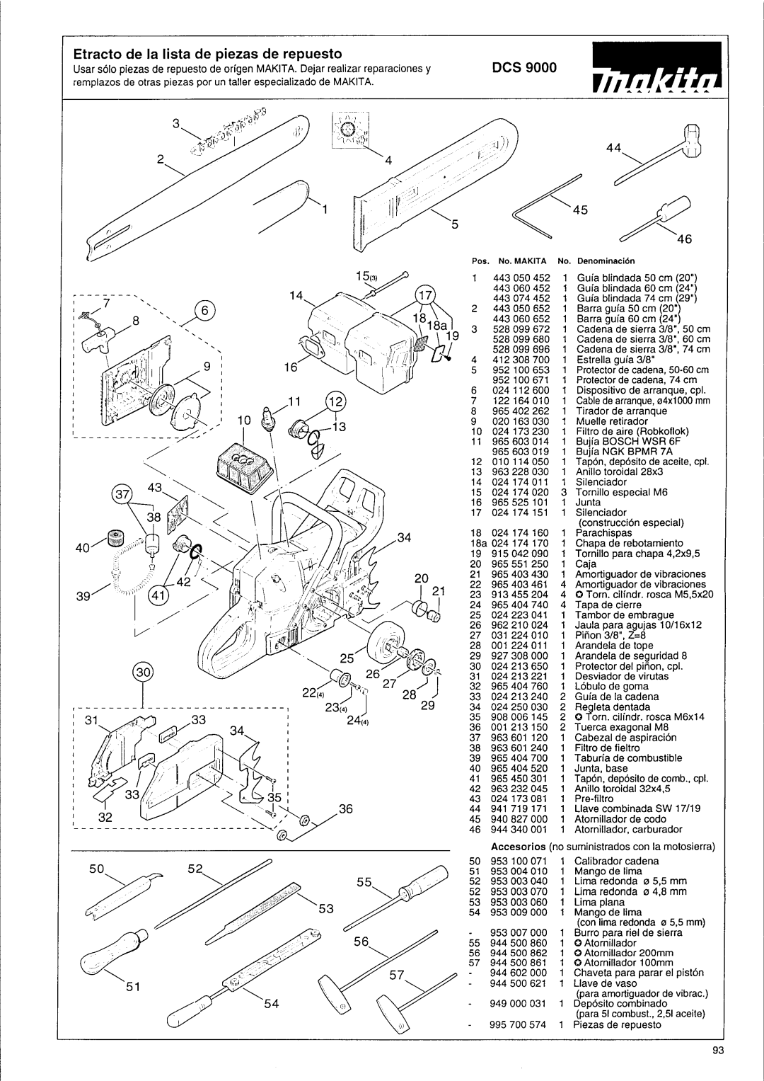 Makita DCS 9000 manual Etracto de la lista de piezas de repuesto 